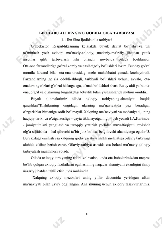 ayli milliy-axloqiy qadriyatlarimiz asrlar osha avlodlardan-avlodlarga o’tib kelmoqda. chunki bir tomchi bo’lsa ham ularning qoni tomirimizda oqayotir. ana shu qonni jo’sh urdirmoq bilan yuraklarimiz uyg’oq, dilimiz ravshan, tafakkurimiz munavvar. ana shunday kayfiyat bizning dilimizda ko’p yillardan beri yashirinib kelinar edi. endilikda milliy istiqlol tufayli milliy-axloqiy qadriyatlarimiz qaytadan tiklandi. ulardan bolalarni ma’naviy jihatdan tarbiyalashda foydalanish oilaviy tarbiyamiz uchun obektiv zarurtga aylandi. sharq xalqlarining bir necha ming yillar mobaynida yaratgan bebaho odob-axloq qoidalari, qadriyatlari mavjud. ularni qaytadan tiklash va hayotga tadbiq etish muhim masalalardan biridir. sharq mutafakkirlarining ilmiy merosida ta’lim-tarbiya masalalari muhim o’rin egallaydi. ayniqsa, ular oila va oilada farzand tarbiyasiga katta e’tibor berganlar. zero yosh avlod tarbiyasi insoniyatning kelajak taqdirini belgilaydigan, ularni ijobiy mezon bilan qurollantiradigan sifatlar bo’lganligi uchun ham mutafakkirlar bu muammoni hal qilishga harakat qilib kelganlar. muhamad ibn muso al xorazmiy, abu nosr farobiy, abu rayhon beruniy, abu ali ibn sino, muhamad qoshg’oriy, yusuf xos hojib, kaykovus, umar xayyom, …