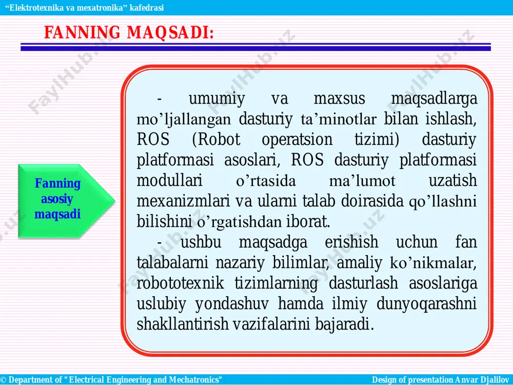i. mexatronika – yapon atama so`zi bo`lib, elektrotexnika, mashinosozlik va dasturiy ta`minot kesishmasida paydo bo`lgan texnologiyani izohlash uchun ishlatiladi. loyihalash va ishlab chiqarish masalalarini, hamda “aqlli”, ya’ni oldindan belgilangan dastur asosida ishlaydigan mashinalarning funksiyalarini o’rganadi. «mexaironika» nima? © department of "electrical engineering and mechatronics" design of presentation anvar djalilov “elektrotexnika va mexatronika” kafedrasi «mexaironika» nima? «mexaironika» atamasi strukturasi • 1969 yil – “mexatronika” atamasi yaponiyada paydo bo’ldi; • 1972 yil - atama “yaskawa electric” kompaniyasining savdo belgisi qilib ro`yxatdan o`tkazildi; • 1970-yillar oxirlari - mexatronika bo`yicha birlamchi ilmiy maqolalar yaponiyada chop qilina boshlandi; • 1982 yil - “yaskawa electric” kompaniyasi “mexatronika” savdo belgisidan voz kechadi va bu atama cheklovlarsiz qo`llanila boshlandi; • 1983 yil - xalqaro “mexatronika” jurnali chop etila boshlandi; • 1984 yil- yaponiyaning muhandis-mexaniklari jamiyati (nixon kikay akkay) tomonidan “gixodo” nashriyotida etti tomlik mexatronikaga bag’ishlangan nashr chiqarildi. • shundan keyin “mexatronika” ilmiy hamjamiyatda fan sohasi sifatida tan olindi. …