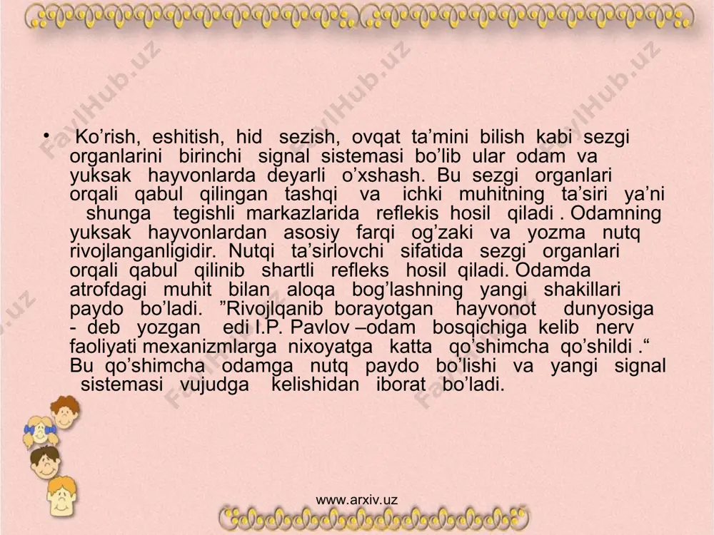siga bo’gliq bo’lib, nerv siustemasining tipi deyiladi . i.p.pavlov ko’p yillik ilmiy kuzatishlar asosida miyaning nerv hujayralardagi qo’zg’alish va tormozlanish jarayonlarning kuchiga, tarqalish tezligiga va ularning bir –birga munosabatiga ko’ra odam oliy nerv faoliyatini 4 tipga bo’lgan edi . www.arxiv.uz www.arxiv.uz kuchli, qo’zg’aluvchan, muvozanatlashmagan, jonsarak tip. bu tipda qo’zgalish va tormozlanish kuchli, ammo muvozanatlashmagan, qo’zg’alishi tormozlanishdan ustun turadi.bu tipga kiruvchi bolalarda shartli reflekslar sekin paydo bo’ladi, u o’rta o’zlashtiriladi biror ishga tez kirishi, tez soviydi. emotional reaksiyalari kuchli, bilar - bilmas javob berib o’z fikrini maqullaydigan, topshiriqlarni o’z vaqtida bajarib kelmaydigan, sekin paydo bo’lgan shartli reflekslar tez so’nadi. maktab hayotiga kichiklik bilan ko’nikadi, nutqi tez va qo’pol, xarakterli o’zgaruvchan , o’z hissiyotlarini qiyinchilik bilan ushlaydigan, qiziqqon, agresiv, tarbiyaga qiyinchilik bilan beriluvchi, faqat tarbiya asosidagina uzoq va tiziomli ish faoliyatiga ega bo’ladi. kuchli, qo’zg’aluvchan , muvozanatlashgan, serharakat tip. bu tip nerv prosesslarning kuchliligi, qo’zg’alish va tormozlanishning muvozanatlashganligi va harakatchanligi bilan ta’riflanadi. …