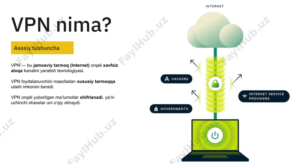n va ma’lumotlar oqimini boshqaradigan qurilma yoki dasturiy ta’minotdir. u odatda vpn serveri vazifasini bajaradi. vpn shlyuz nima vazifani bajaradi? quyidagi asosiy funksiyalarni bajaradi: trafikni shifrlaydi va shifrdan yechadi – vpn orqali yuborilayotgan ma’lumotlarni shifrlaydi va qabul qilganda ularni qayta ochadi. tarmoq chegarasida xavfsizlikni ta'minlaydi – faqat ruxsat etilgan qurilmalar vpn tarmog‘iga ulanadi. tunnel yaratadi – vpn shlyuz qurilmalari o‘rtasida maxfiy “tunnel” hosil qiladi va ma’lumotlar shu tunnel orqali uzatiladi. masofaviy ulanishni boshqaradi – masalan, siz uyda turib ish joyingiz tarmog‘iga ulanganingizda, vpn shlyuz bu ulanishni tashkil qiladi. provayderlar tomonidan taqdim etiladigan vpn 8 ba’zi internet provayderlar (isp) o‘z mijozlariga xavfsiz aloqa uchun vpn xizmatlarini taklif qilishadi.uztelecom kabi kompaniyalar korxonalar va tashkilotlar uchun korporativ vpn xizmatlarini yaratadi. bu vpn orqali xodimlar ofis tashqarisidan ham ichki tarmoqqa xavfsiz ulanib ishlashi mumkin.shuningdek, uzluksiz va tezkor ulanish uchun mahalliy serverlar orqali xizmat ko‘rsatadi. abonent to‘lovi abonent faol maqomda bo‘lganida kalendar oyining 1-sanasidan hisobga …