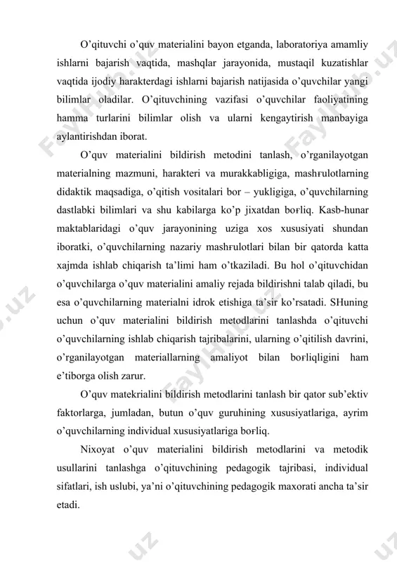 iga boғliq. o’quvchilarni o’rganiladigan material bilan tanishtirishning eng ko’p tarqalgan usullaridan biri o’quvchilar bilan olgan materiallar bilan bilishi kerak bo’lgan materiallar orasiga “ko’prik solish” maqsadida, ilgari o’rganilgan materialni asosiy joylarini takrorlashdan iborat. agar bunday boғlanishlar aniq bo’lib, o’quvchilarning anglashi oson bo’lsa, yangi materialni o’qituvchining uzi qisqacha esga tushirishi mumkin. agar o’rganilgan material bilan yangi material orasidagi boғlanishni chuqurrok kurib chiqish lozim bo’lsa, o’qituvchi o’quvchilar bilan suhbat o’tkazadi. ikkala holda ham asosiy e’tibor takrorlanadigan materialning faktlariga asoslangan tomonigagina emas, balki o’rganish kerak bo’lgan material bilan boғlanish o’rnatishga qaratish lozim. bunda ayni fandan o’rganilgan material bilan boғlanishlarni ochishagagina emas, balki o’quvchilarnin boshqa fanlardan olgan bilimlariga tayanish ham muhimdir. kasb hunar maktablarida texnika fanlari bilan umumta’lim fanlarining o’rganiladigan materiallarni bir biriga boғlash aloxida ahamiyatga ega. o’quvchilarni yangi o’quv materialini idrok etishga tayyorlashning muhim elementi, ularga dars mavzusini va darsdan ko’zda tutilgan maqsadni bildirishdan iborat. dars mavzusini o’rganilayotgan o’quv materialining moxiyatini, darsning maqsadi esa …