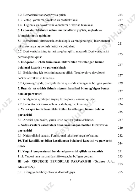 363 4.11. narkoz tushunchasi, turlari, asoratlari bo’yicha shifokorning bemor bilan muloqot qilishining ahamiyati 368 4.12. bemorni operatsiya oldi davrida shifokor tomonidan olib borilishi lozim bo’lgan muolajalarning ahamiyati. 375 4.13. hayajonlanish, qo’rquv, siqilish, shok kabi bemorlarni psixologik holatlarida shifokorning tutgan o’rni 383 4.14. shifokor tomonidan operatsiyadan keyingi davrda bajariladigan muolajalar ahamiyati. ichak va siydik oqmasi bo’lgan bemorlarni parvarishlash 389 4.15. operatsiyadan keyingi davrda bemorlarni ovqatlantirish chora - tadbirlari, ovqat tarqatish va ovqatlantirish usullari 397 4.16. terminal holatdagi bemorlarga yordam ko’rsatish 401 4.17.og’ir xirurgik bemorlarda kiyim–kechak va oqliklarni almashtirishning o’ziga xos hususiyatlari, yotoq, yaralarni oldini olish 407 adabiyotlar 416 i bob. terapevtik bemorlarni parvarish qilish 1.1. davolash muassasalarining ishini tashkil etish. bemorlar umumiy parvarishining mohiyati sog’liqni saqlash – tibbiy yordamni tashkil qilish, har bir inson va umuman aholi salomatligini saqlash va yaxshilash maqsadida amalga oshirilayotgan ijtimoiy-iqtisodiy, tibbiy, davlat ijimoiy tadbirlarining birlashmasi. sog’liqni saqlash chora-tadbirlari - profilaktika tamoyillariga, tibbiyotning umumiy yordami, majburiy tibbiy …