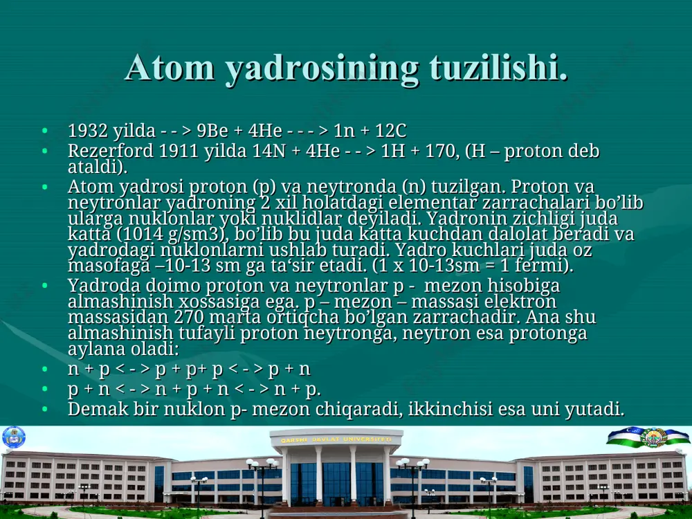 ozir 300 ta barqaror va 1400 ta radioktiv yadrolar ma‘lum, proton va neytronlar soni –2, 8, 14, 20, 28, 50, 82 ga teng bo’lgan yadrolar o’zlarining xossalari bilan boshqa yadrolardan butunlay farq qiladi. bularga magik yadrolar deyiladi. 28ni, 150sn, 82pb proton soniga qarab; neytral soniga qarab ba(56p, 82n); la(57p, 82n) 2 marta magik he(2p, 2n); o(8p, 8n). izotoplarni ajratish to’grisida tushuncha. izotoplarning xossalari bir-biriga aynan o’xshash bo’lganligi uchun ularni kimyoviy usullarda ajratish juda qiyindir. agar ular massalari bilan keskin farq qilsa kimyoviy usulni qo’llash mumkin bo’ladi. bu asosan vodorod izotopi deyteriyni ajratish uchun qullaniladi. kimyoviy usul bilan izotoplarni ajratishda fizik xossalaridan – gaz holatida turlicha zichligi, suyuq holatida turlicha qaynash temperaturalari kabi konstantalaridan foydalaniladi. shunday usullardan – par holidagi aralashmani g’ovak to’siqdagi diffuziyasi, termidiffuziya – ya‘ni – (maydalab) fraktsiyalab xaydash usullaridir. bu usullar juda katta mexnatni talb qiladi va ajratishni juda ko’p bosqichlarga bo’ladi. chunki bu usullarda ajratish koeffitsienti juda …