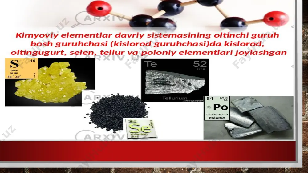 oroddan iborat bo’lsa, ozon molekulasi esa 3 atom kisloroddan tashkil topgan ozon tabiatda ignabargli daraxtlar chirk moddalarining oksidlanishidan hosil bo’ladi.ozon momaqaldirmoq vaqtdida yerdan 20-25 km balandlikda ham paydo bo’ladi. ozon quyoshning organizm uchun zararli bo’lgan ultrabinafsha nurlarini yutish xossasiga ega .atmosferaning ozon qatlami yerni anashu nurlardan muhofaza qilib turadi. ammo bugungi kunda fazoga raketalar ko’p uchirilishi natijasida ozon qatlami yemirila boshlashi ob-havoga salbiy ta’sir ko’rsatmoqda ozonning mavjudligini 1839-yilda shyonbeyn kashf etgan kislorodning ishlatilishi kislorod texnikada metall sulfidlarini metall oksidlariga aylantirib,so’ngra metall olishda sulfat kislota hamda nitrat kislota ishlab chiqarishda ko’pchilik moddalarni oksidlashda yuqori temperatura hosil qilishd (masalan atsetilen va kislorod aralashmasi yondirilganda) tibbiyotda bemorlarga kislorod berishda suyuq kislorodning kukun holdagi ko’mir, yog’och kukuni,moy yoki boshqa yonuvchi moddalar bilan aralashmalari kuchli portlaydi.shuning uchun portlatish ishlarida ham foydalaniladi etiboringiz uchun rahmat! image3.jpg image4.jpeg image5.jpeg image6.jpeg image7.jpeg image8.jpeg image9.jpeg image10.jpeg image11.jpeg image12.jpeg image13.jpeg image14.jpeg image15.jpeg image16.jpeg image17.jpeg image18.jpeg image19.jpeg image20.jpeg image21.jpeg image22.jpeg image23.jpeg …