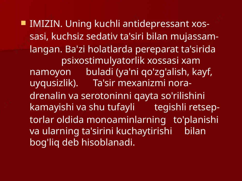 ash mumkin emas, chunki kuchli qo'zgalish rivojlanadi. nialamid insulin, peshob xaydovchi dorilar, barbituratlar, analeptiklar, maxalliy anestetiklar, gipotenziv vositalar ta'sirini kuchaytiradi.🙊🙊🙊 mns faoliyatini kuchaytiruvchi (stimullovchi) vositalar bunday vositalar quyidagi guruhlarga bo'linadi: psixostimulyatorlar; nootroplar; analeptiklar. psixostimulyatorlar. ular psixomotor faollikni oshiradi,ta'sirotlarni qabul qilishni yaxshilaydi,charchaganda toliqishni yo'qotadi, aqliy va jismoniy mehnat qobiliyatini oshiradi,uyquni vaqtinchalik bartaraf etadi. psixostimulyatorlar ko'pincha yengil darajadagi depressiya bilan kechuvchi xar-xil astenik,befarqlik,gipoxondirik xolatlarda qo'llaniladi. kimyoviy jihatdan 4 guruhga bo'linadi: fenilalkilaminlar unumlari-fenamin piperidin unumlari- meridil sidnomimin unumlari- sidnokarb metilksantin unumlari-kofein fenamin fenaminning markaziy nerv sistemasini qo'zg'atuvchi ta'siri retikulyar formatsiyaning bosh miyaga faollovchi ta'sirini oshirishi bilan bog'liq.fenamin miya po'stlog'iga qo'zg'atuvchi ta'sir ko'rsatadi,kichik miqdori shartli reflekslarni oshirib yuboradi. qo’llanilishi: toliqqanda, charchoqni yo'qotish, aqliy va jismoniy faollikni oshirish uchun uyqusirash, bo'shashganlik, farqsizlik, asteniya bilan kechuvchi nevrotik subdepryessiyalar, narkolepsiyalar va boshqa psixonevrologik xastaliklarda qo'llaniladi. qo’llab bo’lmaydi: qariyalar, aterokskleroz, xafaqonlik, uyqusizlik, jigar xastaliklari, xomiladorlikning kechki toksikozlarida.🙊🙊🙊 psixostimulyatorlik kuchi buyicha fenamindan kuchsiz. lekin periferik adrenergik sistemasiga ta'sir ko'rsatmaydi …