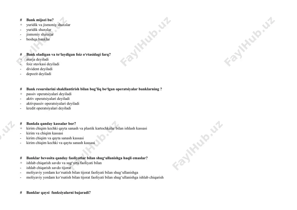r kiradi? + bankning ustav kapitali - bank depozitlari - bank kontokorrenti - bank korrespondent schyotlardagi mablag‘lar # banklarning rezerv fondi ? + foydadan ajratmalar xisobiga xosil bo’ladi - tushum xisobidan xosil bo’ladi - soliqlar xisobidan shakllanadi - kredit xisobiga shakllantiriladi # bankning aktiv operatsiyalari deb … aytiladi? + bank resurslarini joylashtirish bilan bog`liq bo`lgan operatsiyalarga - bank resurslarini shakllantirish bilan bog`liq bo`lgan operatsiyalarga - bank resurslarini sarf qilish bilan bog`liq bo`lgan operatsiyalarga - bank resurslarini joylashtirish va sarf qilish bilan bog`liq bo`lgan operatsiyalarga # bankning eng riskli operatsiyalari – bu? + kredit (ssuda) berish - asosiy vositalarni sotib olishasosiy vositalarni sotib olish - o‘z qimmatli qog‘ozlarini chiqarish - investitsiyalarni boshqarish # bankning ustavida quyidagilar aks etgan ? + bankning nomi va uning manzili (aloka manzili) bank amalga oshiradigan operatsiyalar ro`yxati bank tashkil etadigan fondlarning ro`yxati ustav fondining miqdori bankning huquqiy shaxs munosabatlari - ustav fondining miqdori byudjet bilan hisobkitoblar …