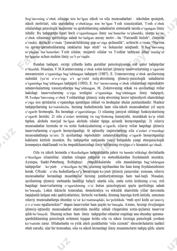 i materiallari, sharq klassiklarining ta’lim- tarbiyaga oid asarlarini sinchiklab o‘rganish shuni ko‘rsatadiki, o‘zbek xalqi qadim zamonlardan boshlab farzandni tarbiyalash sohasida o‘ziga xos an’analarga ega bo‘lgan. ota-onalarning bolalarni sevishi, o‘z navbatida farzandlarning ota-onani astoydil hurmat qilishi oila tarbiyasining ko‘rki bo‘lib hisoblangan. sharq mamlakatlarida ayniqsa, ota-onalarning shaxsiy namunasi farzand tarbiyasining eng muhim usullaridan biri hisoblangan. shunga ko‘ra, o‘g‘il bolalar yurish-turishi, o‘zaro muomalasi, erga ishlashi va kasb egallashda otasiga o‘xshashlikka harakat qilgan. ota kasbini egallash yaxshi tarbiyaning natijasi hisoblangan. qizlar esa uyni saranjom-sarishta tutish, turli taomlar tayyorlash, to‘qish va tikish, mehmon kutish kabi ishlarda onasiga o‘xshashga harakat qilganlar. an’anaga ko‘ra, farzandlarning yurish-turishi va o‘zaro munosabat qoidalari, yoshlarning ota-ona va kattalar oldidagi burchi, mehnati,kasb-kori va ularning inson hayotidagi roli haqidagi dastlabki tushuncha va tasavvurlarni oilada olganlar. agar o‘g‘il bolalarga oila tashvishi bilan yashash, uning shon-shuhrati uchun kurashishi ,yoshlikdan biror kasbning boshini tutish, har qanday mehnatga tayyor turish kabi sifatlar sindirilsa,qizlarga esa kattalarni hurmat qilish,ota-onalarning …