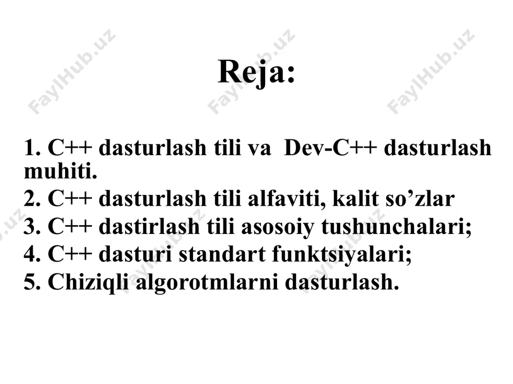 lgilar: “ {}, | [] () + - / % *. \ ? ! & # -; ' bo'sh joy, tabulyatsiya, yangi qatorga o`tish belgilari kalit so`zlar. identifikatorlar dasturlash tillarida identifikator tushunchasi mavjud boʼlib, dasturda obʼektlarni nomlash uchun ishlatiladi. oʼzgarmaslarni, oʼzgaruvchilarni, belgi(metka), protsedura va funksiyalarni belgilashda ishlatiladigan nom identifikatorlar deyiladi. identifikatorlarda birinchi belgi lotin alfaviti harflaridan yoki pastki chiziq, qolgan belgilari harf yoki raqamlar ketma-ketligidan tashkil topgan boʼlishi mumkin. identifikator ichida bo'shliq bo`lmasligi kerak. masalan: v1, _sum, rim, rim kalit so'zlar o`zgaruvchilar nomlari sifatida ishlatish mumkin bo`lmagan identifikatorlar kalit(xizmatchi) so’zlar deyiladi. ya’ni kalit so'zlar - kompilyator uchun alohida ahamiyatga ega bo'lgan ajratilgan identifikatorlardir. c ++ kalit so'zlar ro'yxati: 1-jadval. asm auto bool break case catch char class const const_cast continue default delete do double dynamic_cast else enum explict export extern false float for friend goto if inline int long mutable namespase new operator private protected public register reinterpret_cast return short …