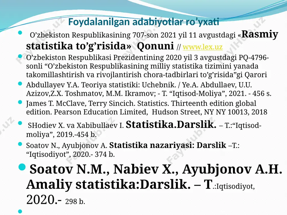 yo’llarini bilish, ilmiy va tajribaviy gipotezalarni statistik tekshirish va yechimlarni olish usullarini egallash; milliy hisoblamalar tizimi, uning xalq xo’jaligi uslubidan farqi va afzalliklari, asosiy kategoriyalari va kontseptsiyalari hamda hisoblamalarning tuzilishi haqida zarur tasavvurga ega bo’lish. statistika deganda nima tushuniladi: statistika deganda mamlakatning iqtisodiy va ijtimoiy rivojlanishi haqida ma’lumotlarni to’plovchi, umumlashtiruvchi va chop qiluvchi organ, ya’ni statistika organlari tushuniladi statistika deganda raqamli ma’lumotlarni to’plash va interpretatsiya (izohlash, talqin qilish) metodlarini o’rgatuvchi fan tushuniladi statistika deganda biror-bir hodisa haqidagi raqamlar yig’indisi tushuniladi statistika fani predmetini aniqlash prinsiplari ommaviy hodisalar bir turdaligi dastlabki sifatiy tahlil qonuniyatlarni aniqlash miqdoriy baholash usullarining qo’llash umumlashturuvchi ko’rsatkichlarni hisoblash statistik usullar guruhlari statistik kuzatishnini tashkil etish va o’tkazish usullari ma’lumotlarni qayta ishlash jarayonida qo’llaniladigan guruhlash usullari to’plangan ma’lumotlarni umumlashtirish usullari statistik metodologiya bosqishlari o’rganilayotgan ob’ekt to’g’risidagi ma’lumotlarni to’plash jamlash va guruhlash umumlashtiruvchi ko’rsatkichlarni hisoblash va talqin qilish statistik ma’lumotlar mavbai birlamchi manbalar ikkilamchi manbaklar statistik, tanlama kuzatish, turli …