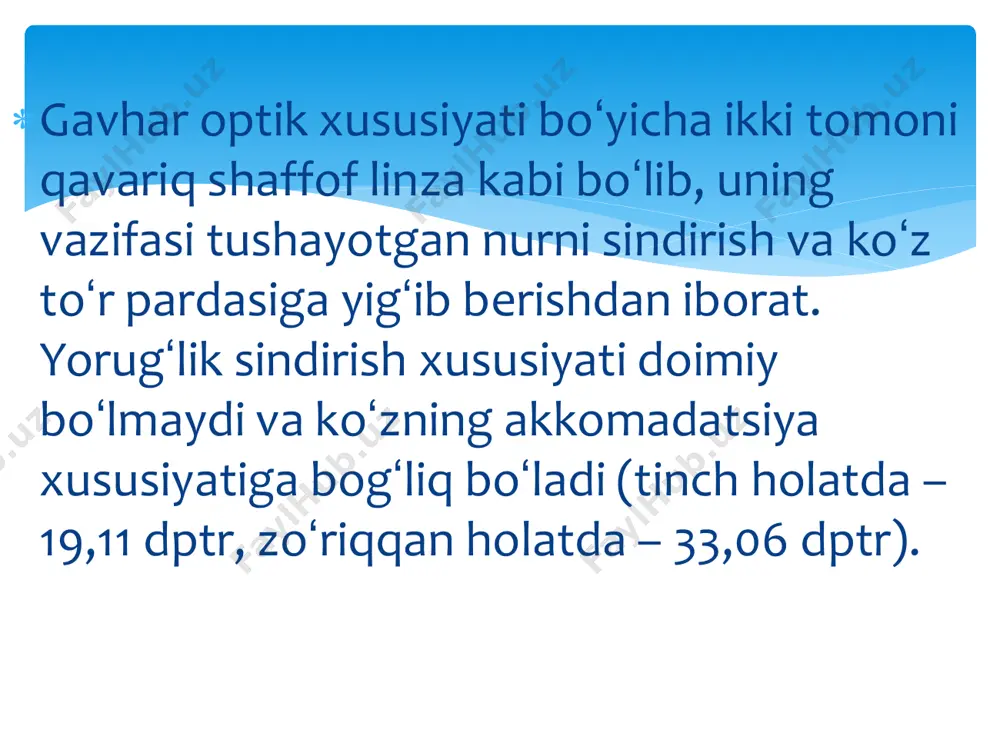 uammolar kuzatilmaydi qarilik kataraktasi 4 ta davri  2 bosqich yetilmagan katarakta bosqichida xiralashuv kuchayib boradi va sekin-astalik bilan gavhar optik qismigacha yetib boradi. biomikroskopik tekshiruvlar yordamida gavhar xiralashganligi aniqlanadi. bu bosqichda koʻruv oʻtkirligi biroz pasayadi.  3 bosqich gavhar membranasi otkazuvchanligi ortib suv qisman chiqib ketishi natijasida gavhar xajmi biroz kichrayib boshlangich xolatiga qaytadi  4 bosqich kataraktaning pishib yetigan davri bu davirda birinchidan loyqalangan tolalar qoshilib loyqalangan masa kulrang tusga kiradi ikkinchidan gavhar kichrayib oldingi kamera chuqurlashadi uchinchidan koz soqasi xarakatlanganda rangdor parda eshik pardasiga oxshab qimirlaydigan boladi gavxar suvlanib tolalarning loyqalanishidan kortikal moddalar suyulib opoq sutga oxshab qoladi shuning uchunxam buni sut kataraktasi deyishadi klinikasi katarakta belgilari kasallikning darajasiga qarab turli xil koʻrinishda namoyon boʻlishi mumkin. kasallikning boshlangʻich davrlarida koʻruv oʻtkirligi bilan bogʻ​liq muammolar yuzaga kelmaydi. kasallikning erta belgilariga jismlarni ikkilanib koʻrinishi (diplopiya), koʻz oldida mayda qora dogʻlar koʻrinishi, koʻrishda xiralashuv (koʻz oldi “tuman bilan qoplanishi”), jismlarni …