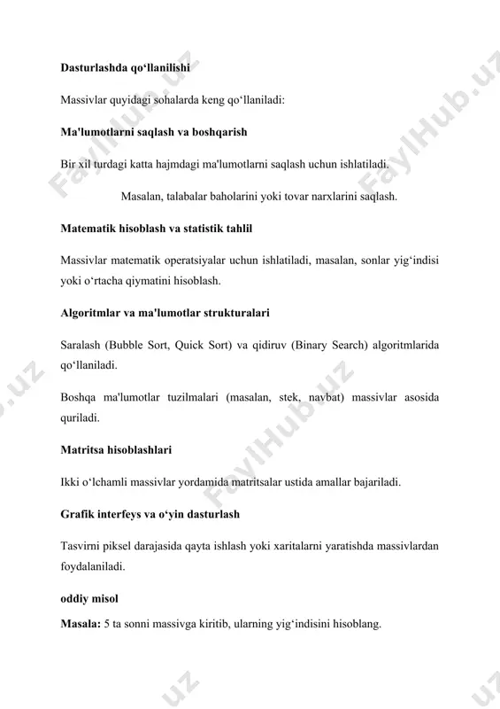 r hajmiga moslashadi. xotira boshqaruvi. statik massiv. xotirani boshqarish dasturchi tomonidan emas, balki tizim tomonidan amalga oshiriladi. xotira dasturdan chiqish bilan avtomatik ravishda bo‘shatiladi. dinamik massiv. xotira ajratish va bo‘shatishni dasturchi qo‘lda boshqarishi kerak. xotirani tozalashda xatoliklar sodir bo‘lsa, xotira oqishi (memory leak) yuzaga kelishi mumkin. ishlash tezligi. statik massiv. statik massivlar tezroq ishlaydi, chunki ularning xotirasi oldindan ajratilgan va indekslash ishlari sodda. dinamik massiv. dinamik massiv ishlash tezligi biroz pastroq, chunki xotira ajratish va boshqarish operatsiyalari qo‘shimcha vaqt talab qiladi. foydalanish osonligi. statik massiv. oddiy va ishlatish uchun qulay. har qanday yangi dasturchi uchun tushunish oson. dinamik massiv. xotirani qo‘lda boshqarish zarur bo‘lgani uchun murakkabroq. tajribali dasturchilar tomonidan samarali boshqariladi. xotira samaradorligi. statik massiv. agar massiv o‘lchami noto‘g‘ri belgilansa, xotira isrof bo‘lishi yoki resurslar yetishmasligi mumkin. masalan, 100 element uchun massiv yaratilgan, lekin faqat 10 element ishlatilgan bo‘lsa, ortiqcha xotira bekorga band bo‘ladi. dinamik massiv. xotira faqat kerakli miqdorda …