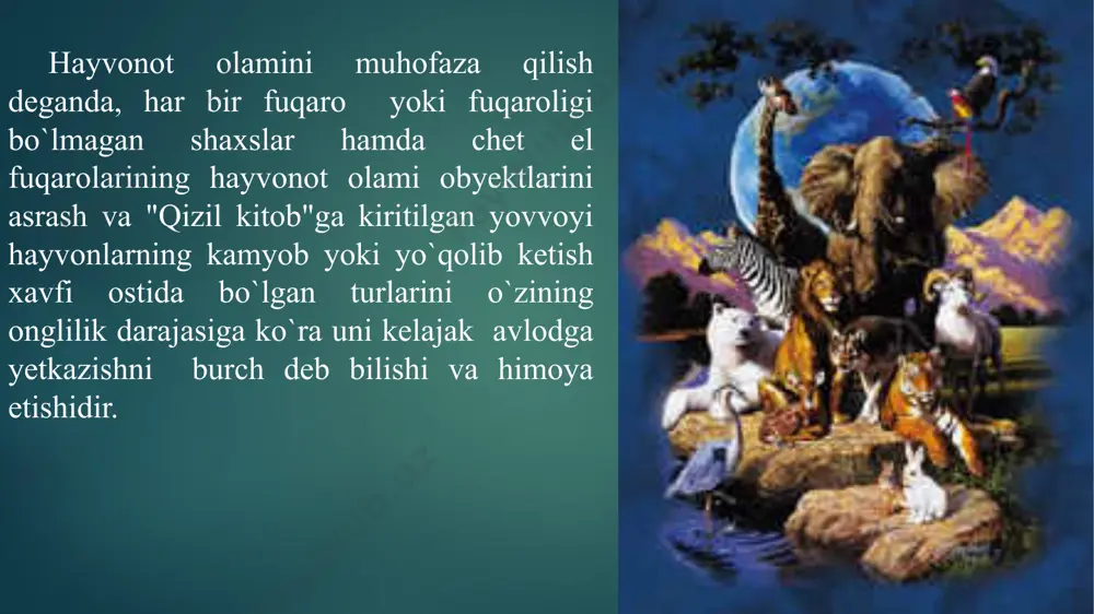 gan o`q otish qurollarini va ularga o`q-dorilarni sotib olish, tashish, saqlash, hisobga olish, olib yurish va foydalanish tartibi to`g`risidagi yo`riqnomaga muvofiq amalga oshiriladi. hayvonot olamidan foydalanish huquqiga ovchilar va baliq ovlash jamiyatlaridan birining a'zosi bo`lgan, 18 yosh-ga yetgan, joriy yil uchun belgilangan miqdorda a'zolik ba-dallarini va davlat bojini to`lagan barcha fuqarolari o`q otish va boshqa ovchilik qurollari, ruxsat etilgan boshqa ov-chilik qurol-yarog`lari bilan ov qilish huquqiga egadir. www.arxiv.uz hayvonot dunyosidan foydalanuvchilarning o`ziga xos xususiyatlari mavjud bo`lib, ular birinchidan tegishli huquq va majburiyatlari davlat mulk huquqining obyekti bo`lgan hayvonot olami fondiga nisbatan amalga oshiriladi; ikkinchidan, bu yerdagi ayrim foydalanuvchilar bir vaqtning o`zida ham boshqaruv organi, ham foydalanuvchi yoki egalik qiluvchi organ bo`lib hisoblanadilar; uchinchidan, foydalanuvchilar maxsus foydalanuvchilar, ya'ni maxsus boshqaruv organlariga bo`ysinadigan organlarga hamda xo`jalik yuritish mastaqilligiga ega bo`lgan tadbirkorlik faoliyati subyektlari-ga bo`linadi. shu o`rinda ta'kidlash lozimki, tadbirkorlik faoliyati subyekti hayvonot olami fondiga nisbatan to`liq hukmronlikni amalga oshira olmaydilar. www.arxiv.uz o`zbekiston …
