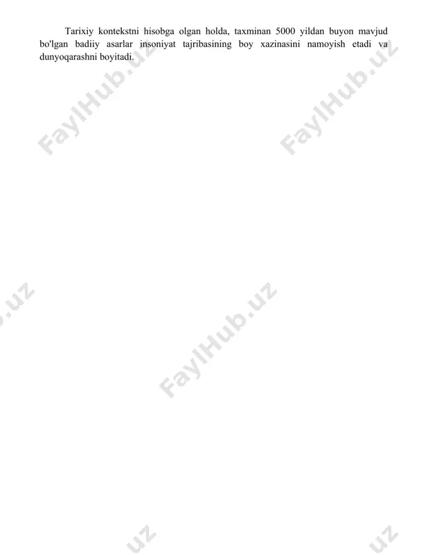 roq tushuncha yaratadi. tarixiy kontekstni hisobga olgan holda, taxminan 5000 yildan buyon mavjud bo'lgan badiiy asarlar insoniyat tajribasining boy xazinasini namoyish etadi va dunyoqarashni boyitadi. 📌xulosa badiiy asarlar insonning estetik dunyoqarashini boyitish, tafakkurini rivojlantirish va hayotga bo'lgan munosabatini shakllantirishda muhim o'rin tutadi. ular orqali olam go'zalligini anglash va baholash imkoniyati yaratiladi. 📚foydalanilgan adabiyotlar 1. gumboldt, v. "jahonni estetik idrok etishda san'at asarlarining ahamiyati". 2. kant, i. "sud hukmi". 3. xeyzing, e. "odam va uning ramzlari". 4. yakobson, r. "lingvistika va poetika". 5. adorno, t. "estetika va jamiyat". 6. benjamen, v. "mexanika reproduktsiyasi". 7