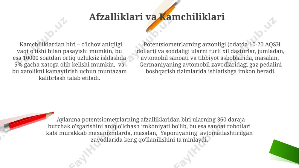hilik bilan, 0 dan 5v gacha kuchlanish signallari hosil qilib, farg‘onadagi qishloq xo‘jaligi texnikasida qo‘llaniladi. потенциометрнинг иш принципи потенциал bo‘linishga asoslangan bo‘lib, 1000 ohm qarshilikka ega o‘zgaruvchan rezistorning siljishi orqali chiqish kuchlanishini 0 dan 5v gacha o‘zgartirish imkonini beradi, bu esa toshkentdagi sanoat avtomatikasida keng qo‘llaniladi. 360 daraja aylanish burchagini o‘lchash uchun ishlatiladigan aylanma potensiyometrlar, 10 bitli aniqlik bilan 1024 ta differentsial chiqish qiymati hosil qiladi, shuningdek, ular samarkanddagi mashinasozlik zavodlarida ham ishlatiladi. e'tiboringiz uchun rahmat @taqdimot_robot image2.png image1.png