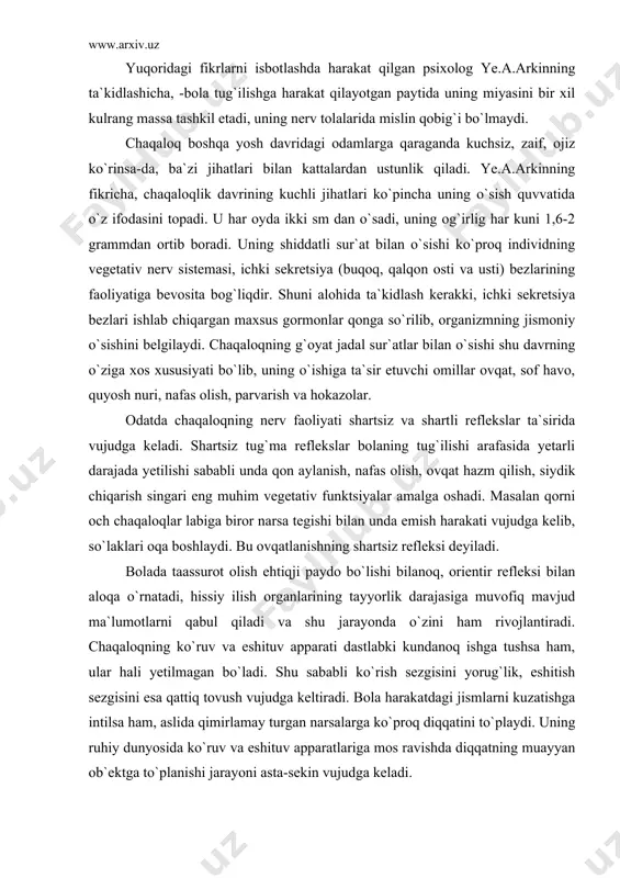 atlanishning shartsiz refleksi deyiladi. bolada taassurot olish ehtiqji paydo bo`lishi bilanoq, orientir refleksi bilan aloqa o`rnatadi, hissiy ilish organlarining tayyorlik darajasiga muvofiq mavjud ma`lumotlarni qabul qiladi va shu jarayonda o`zini ham rivojlantiradi. chaqaloqning ko`ruv va eshituv apparati dastlabki kundanoq ishga tushsa ham, ular hali yetilmagan bo`ladi. shu sababli ko`rish sezgisini yorug`lik, eshitish sezgisini esa qattiq tovush vujudga keltiradi. bola harakatdagi jismlarni kuzatishga intilsa ham, aslida qimirlamay turgan narsalarga ko`proq diqqatini to`playdi. uning ruhiy dunyosida ko`ruv va eshituv apparatlariga mos ravishda diqqatning muayyan ob`ektga to`planishi jarayoni asta-sekin vujudga keladi. chaqaloqning sezgi organlari uning harakatiga qaraganda durustroq rivojlangan bo`ladi. masalan, chaqaloq achchiqni shirindan, issiqni sovuqdan, ho`lni quruqdan farqlay oladi. uning hid bilish organlari juda zaif bo`lishiga qaramay, burniga yoqimsiz hidli modda yaqinlashtirilsa, bezovtalanadi. bola teri tuyush, haroratni his qilish, sezish, og`irlikni faxmlash, ta`m bilish sezgilari ham yetarli darajada rivojlangan bo`ladi. chaqaloqda jismlarni, odamlarni, atrof-muhitni kattalar kabi yaxlit va aniq idrok qilish imkoniyati …
