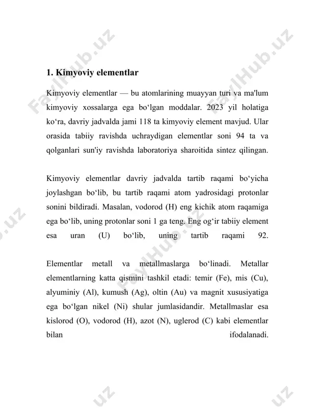 1. **uglevodorodlar**: faqat vodorod va uglerod atomlaridan tashkil topgan birikmalar. uglevodorodlar alkanlar, alkenlar va alkinlar kabi turli toifalarga ajratiladi. alkanlar, masalan, metan (ch₄), etan (c₂h₆), propan (c₃h₈) va boshqalar ma'lum. uglevodorodlar neft, gaz va boshqa tabiiy manbalardan olinadi. 2. **spirtlar**: molekulada uglerod bilan bog'langan gidroksil guruhi (–oh) mavjud. eng oddiy spirt - metanol (ch₃oh) va etanol (c₂h₅oh). 3. **aldegidlar va ketonlar**: ushbu birikmalar karbonil guruhi (>c=o) mavjudligi bilan tavsiflanadi. formaldegid (hcho) va atseton (ch₃coch₃) tekis misol bo'lib, ular sanoatda keng qo'llaniladi. 4. **kislotalar**: molekulada karboksil guruhi (–cooh) mavjud. eng taniqli organik kislotalardan biri - sirka kislotasi (ch₃cooh). 5. **esterlar**: kislotalarning spirtlar bilan o'zaro ta'siri natijasida hosil bo'ladi va kislota anhidridlari yoki laktonlar deb ham atalishi mumkin. esterlar parfyumeriya sanoatida va oziq-ovqat aromatizatorlarida keng qo'llaniladi. 6. **aminlar**: azot atomining mavjudligi bilan tavsiflanadi. aminlar aminokislotalar va oqsillar tarkibidagi funksional guruhlar hisoblanadi. molekulyar massalar turlicha bo'lib, metandan (ch₄) boshlab, ulkan biologik makromolekulalar, masalan, …