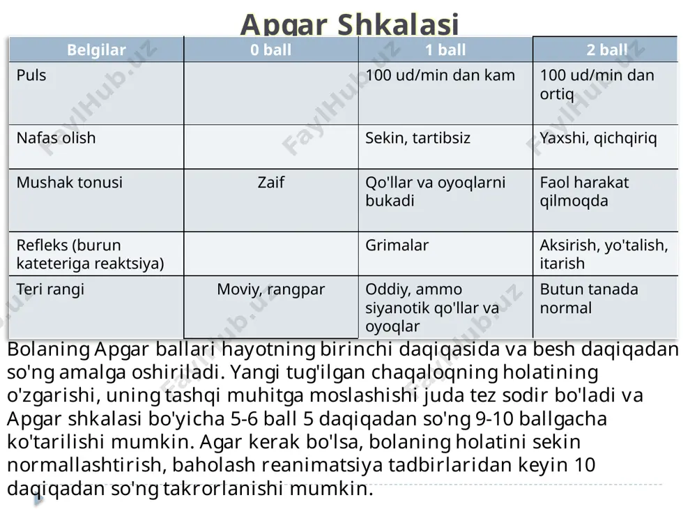 buzilishi va ularga g'amxo'rlik qilish asoslari. - yangi tug'ilgan chaqaloq terisining funktsiyalari. sog'lom bolaning terisini parvarish qilish tamoyillari va funktsional sharoitlarda. - yangi tug'ilgan chaqaloqning shilliq pardalari faoliyatining xususiyatlari, parvarish tamoyillari. - yangi tug'ilgan chaqaloqning oshqozon-ichak trakti faoliyatining xususiyatlari yangi tug'ilgan chaqaloqlarning eng keng tarqalgan kasalliklari asfiksiya, gemolitik kasallik, fiziologik sariqlik, toksik eritema, yangi tug'ilgan chaqaloqlarning pemfigusi, kindik yarasi infektsiyasi, kandidoz. yangi tug'ilgan chaqaloqlarning patologiyalari va kasalliklarining oldini olish va oldini olish kuzatuvchi ginekolog va pediatrning asosiy vazifasidir. homilador ayol kasal bo'lgan yoki kasal bo'lgan kasalliklar ro'yxati, homiladorlik paytida uning ovqatlanishi va uxlash tartibi katta ahamiyatga ega. umuman olganda, yangi tug'ilgan chaqaloqlar kasalliklarining sabablari noto'g'ri ovqatlanish, infektsiyalar va noqulay atrof-muhit sharoitlariga ta'sir qilishdir. asfiksiya tug'ma va orttirilgan asfiksiyani ajrating. tug'ma asfiksiya platsenta qon aylanishining buzilishi holatlarida (bachadonning kuchli qisqarishi, kindik ichakchasidagi bosim va boshqalar bilan) yuzaga keladi. og'irligi bo'yicha ikkita klinik shakl ajratiladi: ko'k (engilroq) va rangpar (og'ir shakl). moviy …