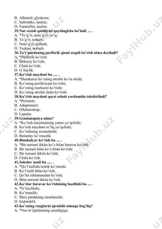 asi tekshiriladi? a. *shox parda,gavhar,shishasimon tana; b. shox parda,shilliq qavat; c. kipriksimon tana, ko’z gavhari; d. kipriksimon tana, shishasimon tana. 49. diaskopik tekshiruv qanday ko’z kasalliklarida o’tkaziladi? a. *o’sma, shish,qon quyilganda; b. qovoqlarga qon quyilganda; c. shilliq qavatlarga qon quyilganda; d. gavhar qalinlashganda. 50. ko’z ichidagi bosimni aniqlash usulini ko’rsating? a. *palpator; b. perimetr; c. adaptometr; d. oftalmaskop. 51. ko’z ichki bosimi oshsa ko’z........ a. *qattiq bo’ladi; b. yumshoq bo’ladi; c. o’zgarmaydi; d. og’riqli bo’ladi. 52. ko’z ichki bosimi kamaysa ko’z....... a. *yumshoq bo’ladi; b. o’zgarmaydi; c. og’riqli bo’ladi; d. qattiq bo’ladi. 53. oftalmektomiya bu........ a. *ko’z olmasini jarroxlik yo’li bilan olib tashlash; b. shox pardani jarroxlik yo’li bilan olib tashlash; c. gavharni olib tashlash; d. to’r pardani jarroxlik yo’li bilan olib tashlash. 54. ko’z protezi qo’yilgan bemorlarda hamshiralik parvarishi nimadan iborat? a. *ko’z protezlarini yaxshilab yuvish,doimiy ravishda tomchi dorilarni tomizish; b. ko’z olmasini yaxshilab yuvish; c. ko’zdagi og’riqni yo’qotish; …