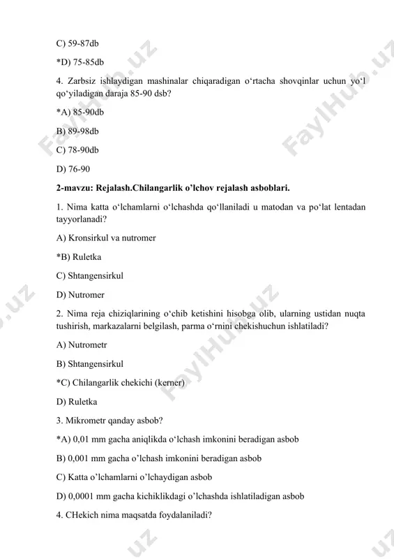 i ko’rsatilgan? *a) ish qismini yuziga maxsuz chiziqlarni qo’llash b) ishlov beriladigan qismining joylarini ustiga chiziq belgilash c) belgilangan chegaralarga olish d) malum bir shakl va kerakli o’lchamga olish 2.kesish jaroyini nima? *a) metalni bolg’a va bolg’a yordamida olib tashlash b) metallarni keskich yordamida kesish c) metallarni keskich yordamida olib tashlash d) malum qisimni kesish 3.metallarga ishlov berishni qanday turi bor? a) mexanik *b) termik- mexanik c) bolg’a bilan to’g’irlash d) termik 4.metallarga ishlov berishda qanday operatsiyalar amalga oshiriladi? a) arralash,kesish,qizitish b) markalsh ,arralash,kesish,egish c) qisimlarni biriktirish,kesish,aralash,egish *d) markalash,maydalash,tekislash,egish,qaychilash,ichki va tashqi iplarni kesish,qisimlarni yopishtirish 4-mavzu:metallarni kesish texnologiyasi. 1.mazkur fanni yaratishi va rivojlanishiga hisa qo’shgan olimlar qaysi javobda to’g’ri ko’rsatilgan? a) z.k.albert b) b.e.luyidvek, a.s.hazen *c) i.a.time, k.a.zvorikin d) a. galvani, a. voltin 2.kansturksion materiallarni qiyosiy kesib ishlash nechta guruhga bo’linadi? a) 5 b) 3 *c) 4 d) 2 3.har xil markali po’latlar uchun qaysi munosabat to’g’ri? *a) cr в ~ …