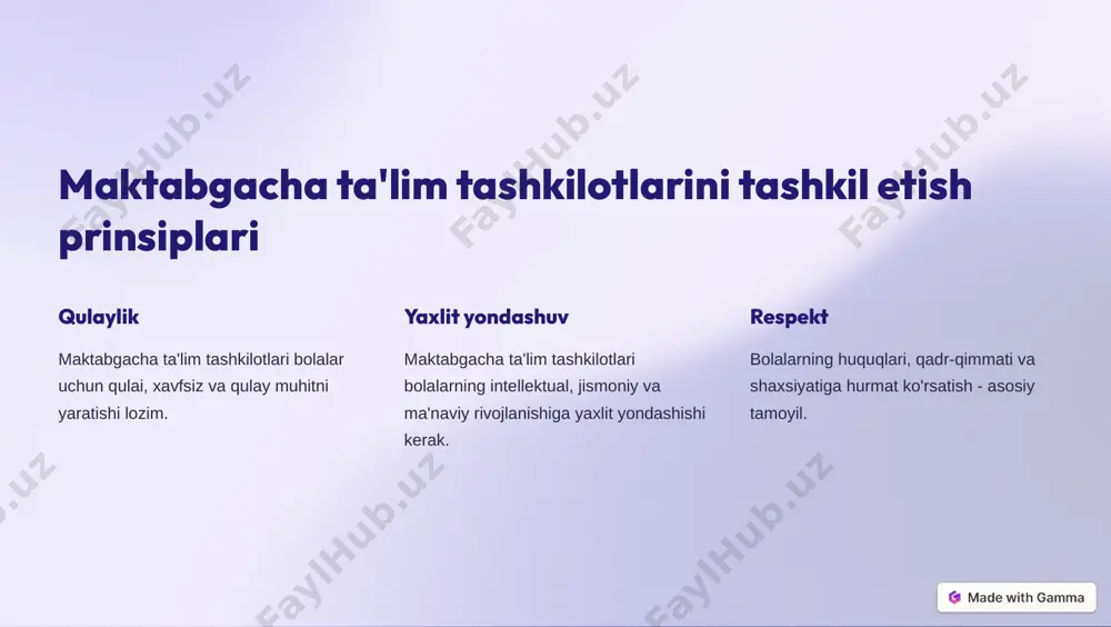 ususiy investitsiyalar nodavlat maktabgacha ta'lim muassasalari uchun xususiy investitsiyalar jalb qilinadi. 4 ota-onalar badallari ota-onalardan olinadigan to'lovlar ham moliyaviy manba hisoblanadi. https://gamma.app/?utm_source=made-with-gamma maktabgacha ta'lim tashkilotlarining infratuzilmasi o'quv xonalari maxsus jihozlangan xonalar, rang- barang o'yinchoqlar va darsliklar ijodiy xonalar rasm, rassomlik, musiqiy faoliyatlar uchun jihozlangan xonalar jismoniy tarbiya zallari bolalarning jismoniy rivojlanishi uchun zarur sport jihozlari ovqatlanish xonalari sog'lom va xavfsiz oziq-ovqat tayyorlash va yeyish uchun xonalar https://gamma.app/?utm_source=made-with-gamma maktabgacha ta'lim tashkilotlarida kadrlar tayyorlash 1 oliy ma'lumot maktabgacha ta'lim tashkilotlarida ishlash uchun oliy ma'lumotli mutaxassislar jalb qilinadi. 2 xodimlarni rivojlantirish doimiy malaka oshirish va qo'shimcha ta'lim dasturlari tadbiq etiladi. 3 yosh mutaxassislarni jalb qilish yosh va istedad pedagoglrni jalb qilish uchun qo'llab-quvvatlash tadbirlari olib boriladi. https://gamma.app/?utm_source=made-with-gamma maktabgacha ta'lim tashkilotlarida sifatni nazorat qilish 1 monitoring maktabgacha ta'lim tashkilotlarining faoliyatiga doimiy ravishda monitoring olib boriladi. 2 baholash maktabgacha ta'lim sifatini turli me'yorlarga asoslanib, yuksak darajada baholash. 3 tahlil sifat monitoringi va baholash natijalarini chuqur …