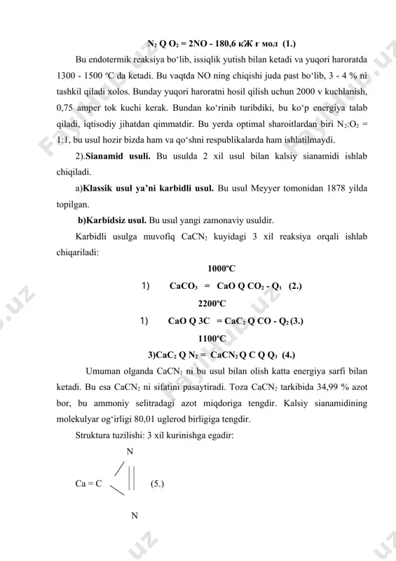 sh masalalarini o‘rganamiz. buning uchun amaliyotda atmosfera havosini azot, kislorod va boshqa komponentlarga ajratish usullari qo‘llaniladi. toshkent kimyo-texnologiya institutida nmet kafedrasida professor sigov s.a., dotsentlar leykin z.m., daychi r.i., yakubov sh.a., assistent pimenova a.a., katta o‘qituvchi terexin ye.l., dots.mirzayev i.t. lar ishtirokida karbidsiz usullardan biri - toshkti usuli bo‘yicha kalsiy sianamida olish texnologiyasi yaratilgan. bu usulga muvofiq kalsiy sianamidini quyidagi reaksiyalar bo‘yicha olish mumkin: сао q 2со q 2nh3 = cасn2 q co2 q 2h2 q h2o q q (10) bu reaksiya geterogen, qaytar, ekzotermikdir. сасо3 q2со q 2nh3 = cасn2 q 2co2 q 2h2 q h2o - q (11) bu reaksiya ham geterogen, qaytar, ammo endotermikdir. bu reaksiyalarda toza so o‘rniga azot o‘g‘itlari zavodlarida hosil bo‘layotgan chiqindi gazlar: so - fraksiya (30-35% so, qolgani azot va vodoroddan iboratdir); retur gazlari - bu qaytarma gaz bo‘lib, uning tarkibida 60-65% so, 5-7% ammiak, qolganlari metan, vodorod, azot, argon, uglerod dioksidilardir. kelajakda …