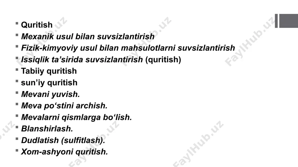 mahsulotlarni saqlashdagi ahamiyatini ayting? quritilgan mahsulotda sulfit angidridning miqdori necha % dan oshmasligi lozim? quritishda mahsulot ustiga chodirlar nima maqsada yopiladi? meva-uzum quritish maydonchasini tashkil etish mashg’ulotning maqsadi: meva-sabzavotlarni quritish usullari, qo‘shimcha sarflanadigan materiallar turi, quritishda qo‘llaniladigan asbob va jihozlar bilan tanishish. kerakli jihozlar va materiallar: quritish maydonchasi, patnislar, dudlash kamerasi, chodirlar, pichoq, oltingugurt, xom-ashyo. uyga vazifa kuraga tayyorlash texnologiyasini ayting? nima uchun to‘g‘ralgan olmalarni namakobga solib qo‘yamiz? nokni quritish texnologiyasida bo‘laklangan nokni qaynoq suvga pishirib olishning maqsadi nima? o‘rikni quritishda foydalaniladigan navlarini aytib o‘ting? olma necha xil usulda quritiladi? olmani qaysi navlaridan yaxshi quritilgan mahsulot olinadi? olmani quritishda sulfitatsiyalashdan maqsad nima? olxo‘rini quritishda foydalaniladigan navlarini aytib o‘ting? qaysa tayyorlashda o‘rik danagi qachon va qanday chiqarib olinadi? quritgichga termoregulyator nima uchun o‘rnatiladi? quritiladigan o‘rik navlarini aytib o‘ting? quritiladigan olma va nok navlarini ayting? quritilgan mahsulotlarning fizik-kimyoviy ko‘rsatkichlariga qanday ko‘rsatkichlar kiritilgan? quritilgan olma mahsulotiga qo‘yilgan organoleptik talablarni aytib o‘ting? image2.png image3.png …