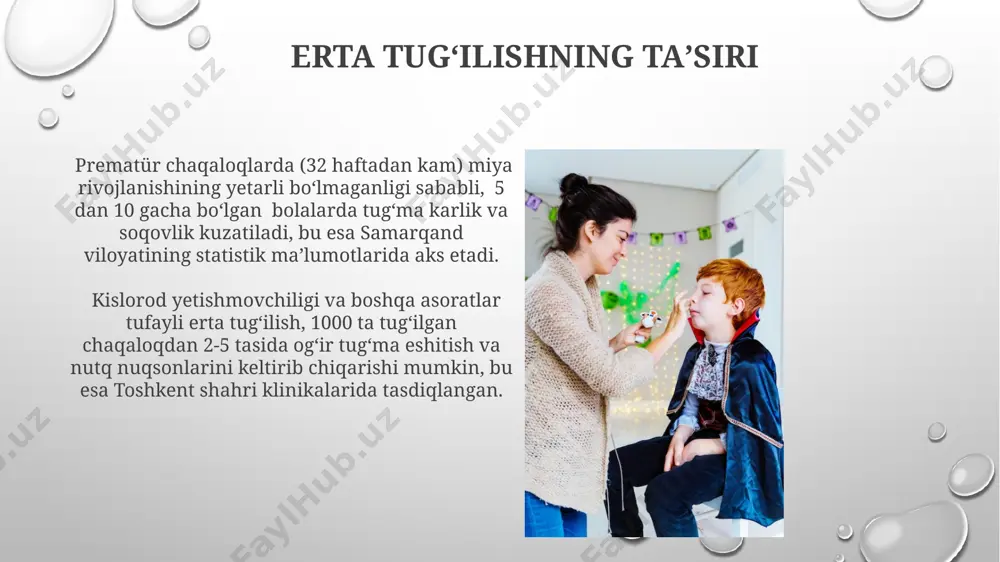5 tasida tugʻma karlik va soqovlikka olib kelishi mumkin, xususan samarqand viloyatida bu ko'rsatkich biroz yuqoriroq. prematur tugʻilish (homiladorlik muddati 37 haftadan kam), ayniqsa 28 haftadan oldin tugʻilgan chaqaloqlarda, tugʻma karlik va soqovlik xavfini 5 barobar oshiradi, dunyoning rivojlangan mamlakatlaridagi statistik ma'lumotlar shuni ko'rsatadi. e'tiboringiz uchun rahmat @taqdimot_robot image3.png image4.jpg image5.jpg image6.jpg image7.jpg image8.jpg image9.jpg image10.jpg image11.jpg image12.jpg image13.jpg image14.jpg image15.jpg image16.jpg image17.jpg image18.jpg image19.jpg image20.jpg image1.png