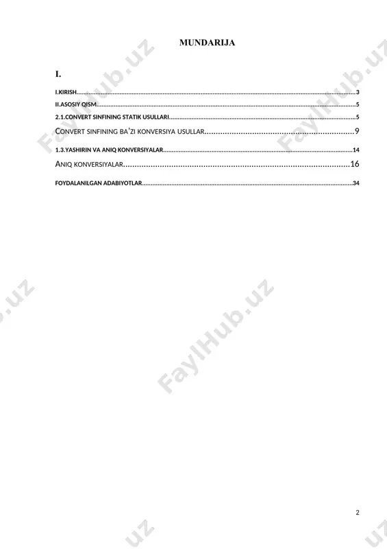 shning ilmiy yo‘nalishlarini tahlil va sintez qilish natijasi bo‘lgan fan-informatikaning vujudga kelishiga boshlang‘ich nuqta qo‘yildi. axborot, energiya, vazn, bo‘shliq va vaqtni bir butun holda batafsil o‘rganish hozirgi vaqtda inson hayotining barcha jabhalarida muhim axamiyatga ega bo‘lib qolmoqda. kurs ishining dolzarbligi: ushbu kurs ishi hozirgi kunda kompyuterda berilgan masalalarni dasturlash tillari orqali yechish va shuningdek, dasturda convert sinfi va uning metodlaridan foydalanish kabi vazifalarni o`rganishga olib keladi. kurs ishining maqsadi: c# dasturlash tilida convert sinfi va uning metodlarini o’rganish va ular yordamida masalalarni yechishni o’rganish va tushunchalar olish . kurs ishining ob’ekti: c# dasturlash tilida convert sinfi va uning metodlarini o’rganish va uning funksiyalari haqida o`quvchilarga ma`lumot berishdan iborat. kurs ishining predmeti: c# dasturlash tilida convert sinfi va uning metodlaridan foydalanish mazmuni. ii.asosiy qism 2.1.convert sinfining statik usullari convert sinfining statik usullari, avvalambor .net-dagi asosiy ma'lumotlar turlariga va ulardan konversiyani qo'llab-quvvatlash uchun ishlatiladi. qo'llab-quvvatlanadi bazasi turlari boolean , char , sbyte …