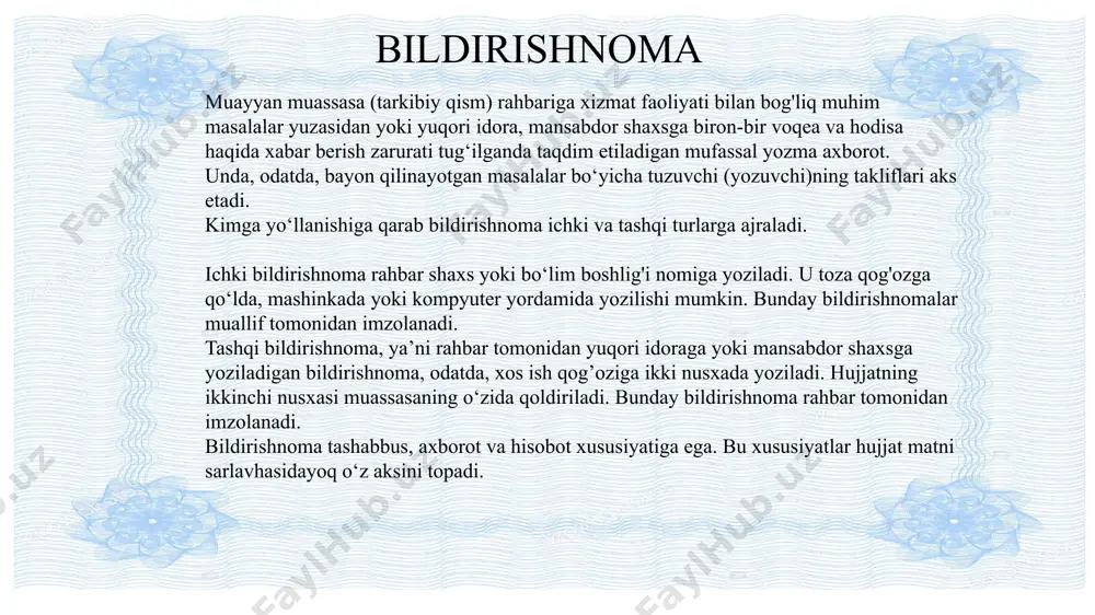 dalolatnoma asosida ham moddiy masala bor), binobarin, u ko‘proq tadbirkorlik, moliya-xo‘jalik faoliyatida, hisob-kitob, oldi-sotdi va savdo sohlarida keng qo‘llaniladi. dalolatnomalar tegishli taftish o‘tkazilgandan keyin, rahbarlik almashinayotganda, moddiy boyliklarni bir jismoniy yoki yuridik shaxsdan ikkinchisiga o‘tkazishda, qurib tugallangan inshootlarni qabul qilishdan oldin va keyin, mashina va uskunalarning yangi nusxalarini sinovdan o‘tkazish chog'ida, qimmatbaho buyumlami hisobdan o‘tkazish yoki hisobdan chiqarishda, tovarlarni miqdor va sifat bo‘yicha qabul qilib olishda, baxtsiz hodisalar yoki tabiiy ofatlar oqibatlarini tekshirishda, sud-tergov ishlari va tibbiyot sohasida, xodimlarning moddiy, yashash sharoitlarini o‘rganishda va boshqa hollarda tuziladi. dalolatnomaning zaruriy qismlari (umumiy holatlar uchun): 1. idora, muassasa va tarkibiy bo‘linma nomi. 2. tuzilgan sanasi va joyi. 3. tartib raqami va tasdiq belgisi (zarur hollarda). 4. matn sarlavhasi. 5. hujjat turining nomi (dalolatnoma). 6. hujjatni tuzish uchun asos (muassasa rahbarining buyrug'i, idoraning qarori yoki ko‘rsatmasi kabilar). 7. komissiya tarkibi (raisi va a’zolar). 8. ishtirok etuvchilar (guvohlar). 9. dalolatnomaning matni. 10. ilovalar (har …