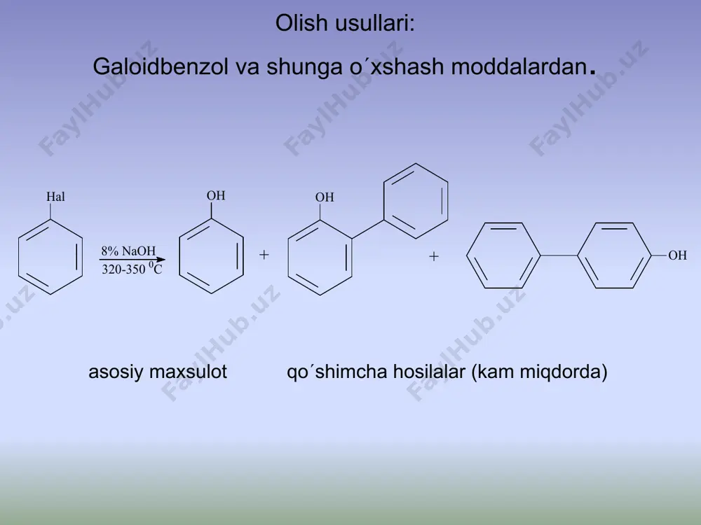 l qiladi. ammiak bilan qizdirilganda aromatik aminlar hosil boladi. gidroksil guruhi soniga kora bir, ikki, uch va kop atomli fenollar uchraydi. ikki atomli fenollardan pirokatexin, rezorsin va gidroxinon izomerlar ma’lum: pirokatexin rezorsin gidroxinon uch atomli fenollardan pirogallol, floroglyusin, oksigidroxinon organilgan: pirogallol floroglyusin oksigidroxinon fenolning bu oddiy hosilalari osimlik tarkibida deyarli uchramaydilar. gidroxinon bulardan istisno tariqasida glikozid holatida nokning bargi va urugida aniqlangan. fenollarning asosiy fiziologik xossasi – antiseptik, dezinfeksiyalovchi xossadir. galogen va tarmoqlanmagan radikallar bunday ta’sirni orttiradi. alkil zanjiri uzayganda ham xossa ortadi. 2-lamchi va 3-lamchi radikallar ta’sirni pasaytiradi. ikkinchi 0h guruhi kiritilishi antiseptik ta’sirni pasaytiradi. fenollarni eterifikasiya hosilalarida(efirlarda) zaharlilik xossasi kamayadi. fenollarning tabiatda uchrashi. toshkomirdan 1834 yil runge fenolni ajratib olgan, 1842 yil loran tuzilishini aniqlagan. tirozin aminokislotasini parchalanishi natijasida tirik organizmda hosil boladi (odam va hayvon siydigida mavjud). buyoqlar, sun’iy smolalar, oshlovchi moddalar, dorilar (aspirin) va pikrin kislotasi olish uchun ishlatiladi. anizol gvayakol krezollar timol(5-metil-2- izopropilfenol) gvayakol ayrim …
