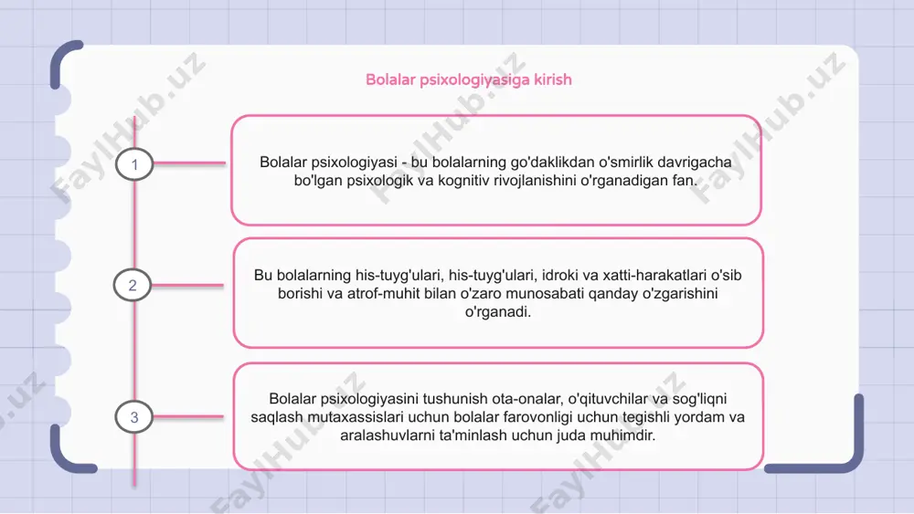 ko'rsatma berishlari mumkin. sevgi, tushunish va izchil intizomga asoslangan tarbiyaviy muhitni yaratish bolaning sog'lom rivojlanishiga katta hissa qo'shadi. bolalar psixologiyasida o'yinning o'rni o'yin bola psixologiyasining muhim qismi bo'lib, u bolaning rivojlanishida hal qiluvchi rol o'ynaydi. bu bolalarga muammolarni hal qilish, muloqot qilish va ijodkorlik kabi turli ko'nikmalarni o'rganish va rivojlantirishga yordam beradi. o'yin orqali bolalar o'zlarining his-tuyg'ularini o'rganishlari, o'z-o'zini hurmat qilishlari va kognitiv qobiliyatlarini rivojlantirishlari mumkin. e'tiboringiz uchun rahmat