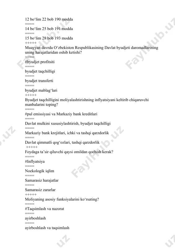 smoniy va yuridik shaxslarning qimmatli qog‘ozlarni chiqarish, ularni muomalada bo‘lishi va haqini to‘lash bilan bog‘liq munosabatlar tizimidir ==== pul bozori ==== sug‘urta bozori ==== investitsiya bozori +++++ qimmatli qog‘ozlar egalarining daromadlarini to‘lashda qaysi bir to‘lov usuli qo‘llaniladi? ==== #dividend usulida to‘lov ==== to‘g‘ri foizli to‘lov ==== egri foizli to‘lov ==== tiniq foizli to‘lov +++++ fyuchers-bu? ==== #qimmatli qog‘ozlar yoki tovarlarni kelishilgan muddatda, shartnoma tuzilgan kundagi urnatilgan narxda, kelgusida (ma’lum bir sanad sotish yoki sotib olish majburiyligi to‘g‘risidagi shartnoma (kat’iy majburiyat) ==== sotuvga kuyilgan bir xil turdagi qimmatli qog‘ozlar yoki boshka aktivlar partiyasi ==== muayan qimmatli qog‘ozni kelishilgan baho va muddatda sotib olish yoki sotish huquqini beruvchi ikki tomonlama shartnoma ==== bir necha lotlar to‘plami +++++ zamonaviy sharoitda moliya deganda odatda nima tushuniladi? ==== #moliyaviy munosabatlar ==== haq to’lash bilan bog’liq aperatsiyalar ==== pul munosabatlar ==== munosabatlar +++++ aniqlik moslashuvchanlik uzluksizlik kabi tamoyillarni kim aytib o’tgan? ==== #fayol ==== drukkir peter …