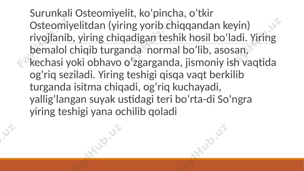larda suyak biopsiyasi, tuberkulin sinamasi va boshqalar oʻtkaziladi davolash davo qilish kasallik bosqichiga qarab oʻtkaziladi. kasallikning zoʻrayish davrida oʻtkir osteomiyelitga qanday davo qilinsa, unga ham xuddi shunday davo qoʻllaniladi. antibiotiklar oʻrtacha dozalarda tayin qilinadi. suyak ustki pardasi osti fasodlari hamda yumshoq toʻqimalar fasodlari yoriladi. suyak sekvestri mavjud boʻlsa, radikal operatsiyasekvestrektomiya („sequstrectomia“) oʻtkaziladi. suyak trepanatsiya qilinadi, yiringli boʻshliqni yorib, halok boʻlgan mayda-mayda suyak parchalari chiqarib tashlanadi. chuqur suyak kemtikligini bartaraf etish hamda yassi kemtikligini vujudga keltirish maqsadida sekvestr oʻrni iskana yordamida tekislanadi. agar shunday qilinsa, sekvestr olib tashlangandan soʻng boʻshliqda yiring va suyuqliklar toʻplanishining oldi olinadi. osteomielitning surunkali post-travmatik shakli ko'pincha nuqsonlar (sinishlar, suyaklarning qisqarishi, soxta bo'g'inlar) bilan murakkablashadi. asosan, oqmalarni yo'q qilish va suyak qismlarini birlashtirish uchun osteosintez usuli qo'llaniladi, bu keyingi sintez uchun singan qismlarni to'g'ri anatomik holatda aniq aniqlashdan iborat. flegmonaning paydo bo'lishida fokus ochiladi, yiring va nekroz chiqariladi va bo'shliq drenajlanadi. image2.png image3.png image4.png image5.png /docprops/thumbnail.jpeg