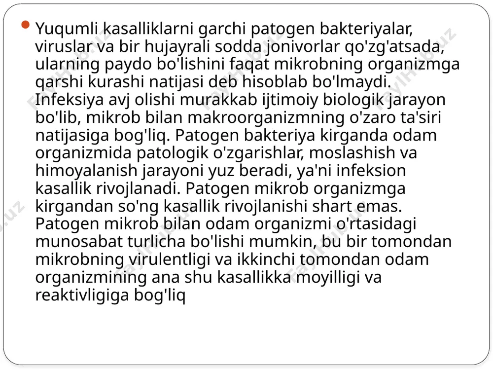 li yuqadi. urologik bo'limlarda gram-manfiy floradan kelib chiqqan infektsiya hukmronlik qiladi: e. coli, pseudomonas coli va boshqalar. pediatrik shifoxonalarda bolalar infektsiyalarining tarqalishi – vetrennaya ospa, epidemik parotit, qizilcha, qizamiq muammosi alohida ahamiyatga ega. kasallikning kelib chiqishi va tarqalishisanitariya-epidemiologik rejimini (shaxsiy gigiena, aseptik va antiseptiklarga rioya qilmaslik, dezinfeksiya va sterilizatsiya qilish rejimi, infektsion manbalari va boshqalarni o'z vaqtida aniqlash va izolyatsiya qilish) buzilishiga olib keladi. gospital infektsiyaning rivojlanishiga eng ko'p ta'sir ko'rsatadigan xavf guruhiga yangi tug'ilgan chaqaloqlar (ayniqsa erta tug'ilgan) va yosh bolalar kiradi; keksa va zaif bemorlar; surunkali kasalliklarga (diabet, qon kasalliklari, buyrak yetishmovchiligi), immunitet tanqisligi, onkopatologiya bilan og'rigan bemorlar. ochiq yaralar, drenaj, siydik kateter, traxeostoma va boshqa invaziv qurilmalar orqali gospital infektsiyalari bilan kasallanish ehtimolligi ortadi. kasalxonada uzoq muddat bemorning mavjudligi, uzoq muddatli antibiotiklar, immunosupressiv terapiya gospital infektsiyasining kelib chiqish tezligi va og`ir kechishiga olib keladi. shifoxona ichidagi infektsiyalarning oldini olishning asosiy choralari sanitariya-gigiyena va epidemiyaga qarshi talablarga rioya …