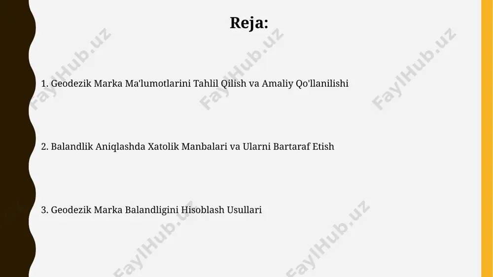 ndligini hisoblashda atmosfera ta'sirini to'g'rilash uchun qo'llaniladi, bu esa 5-10 mm aniqlikka erishish imkonini beradi. dasturiy ta'minot va asbob-uskunalar gps/глонасс қабул қилувчиларидан олинган маълумотларни қайта ишлаш ва геодезик маркерларнинг координаталарини аниқлашда юқори дақиқликли (1 см дан кам) ўлчовларни таъминлайдиган махсус дастурий таъминот ва драйверлар талаб этилади. дастурий таъминот геодезик маркерларнинг баландлигини ҳисоблаш учун зарур бўлган математик моделлар ва алгоритмларни ўз ичига олади, масалан, эллипсоид баландлигини ортометрик баландликка айлантириш учун 10 дан ортиқ параметрлар ишлатилади. balandlik aniqlash usullari levelling usuli yordamida 1 km masofada balandlik farqini o'lchashda, 1 mm dan 5 mm gacha bo'lgan o'rtacha o'lchov xatosi kuzatiladi, bu esa asbobning aniqligi va o'lchash sharoitlariga bog'liq. balandlikni aniqlashda gps texnologiyasidan foydalanilganda, qabul qilingan ma'lumotlarning aniqligi 1 sm dan 5 sm gacha bo'lgan xatolik chegarasiga ega bo'lishi mumkin, bu esa relyefning murakkabligi va ionosfera ta'siriga bog'liq. yakun va kelajak rejalari kelajakdagi rejalarda yuqori aniqlikdagi gnss texnologiyalaridan, masalan, rtk-gps dan foydalanish, o'lchov xatolarini …
