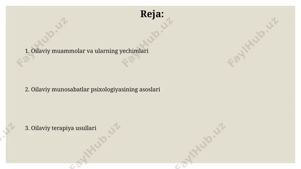 lan bog'liq. oiladagi rol va vazifalar oilaviy munosabatlarning 25%ida, samarqand viloyatida o'tkazilgan tadqiqotlarga ko'ra, qarindoshlararo yordam va mas'uliyatning teng taqsimlanmaganligi oilaviy nizolarga sabab bo'ladi. bolalar tarbiyasi masalasida, 100 ta oiladan 80 tasida ota-onalar orasida tarbiya uslublari va mas'uliyatning aniq taqsimlanmaganligi, xususan farg'ona vodiysi hududida kuzatiladi. konfliktlar va ularni hal qilish bolalar orasidagi janjallarni hal qilishda vositachilik uslubi samarali hisoblanadi, chunki bu ularga o'zaro hurmat va muloqot ko'nikmalarini 3-5 yoshdan boshlab o'rgatishga yordam beradi. oiladagi konfliktlarni hal qilishning samarali usullaridan biri – “5 til muhabbati” modeli bo'lib, u 1995-yilda doktor geynrixning kitobida taqdim etilgan va dunyoning 20 dan ortiq mamlakatida qo'llaniladi. oilaviy terapiya usullari kognitiv-xulq terapiyasi (kkt) usuli, qo’shma shtatlardagi aaron beckning tadqiqotlari asosida, oila a’zolarining salbiy fikrlash uslublarini aniqlash va 8-12 hafta davomida ularni ijobiyga o’zgartirishga qaratilgan. oilaviy tizimli terapiya, germaniyaning bert xellinger tomonidan yaratilgan, oiladagi avlodlararo munosabatlarni tahlil qilishga asoslangan bo’lib, 7 ta asosiy tamoyilga ega. baxtli oila yaratishning …