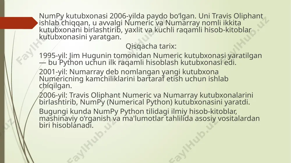 i tashkil etadi. numpy foydalanuvchilari boshlang’ich kodlovchilardan tortib, eng zamonaviy ilmiy va sanoat tadqiqotlari va ishlanmalari bilan shug’ullanuvchi tajribali tadqiqotchilargacha bo’lgan barchani o’z ichiga oladi. numpy api-dan pandas, scipy, matplotlib, scikit-learn, scikit-image va boshqa ko’plab ma’lumotlar fanlari va ilmiy python paketlarida keng qo’llaniladi. numpy kutubxonasi ko’p o’lchovli massiv va matritsali ma’lumotlar tuzilmalarini o’z ichiga oladi (bu haqda keyingi bo’limlarda ko’proq ma’lumot topasiz). u bir hil n o’lchovli massiv ob’ekti bo’lgan ndarray ni samarali ishlash usullari bilan ta’minlaydi. numpy dan massivlarda turli xil matematik amallarni bajarish uchun foydalanish mumkin. u python-ga massivlar va matritsalar bilan samarali hisob-kitoblarni kafolatlaydigan kuchli ma’lumotlar tuzilmalarini qo’shadi va bu massivlar va matritsalarda ishlaydigan yuqori darajadagi matematik funktsiyalarning ulkan kutubxonasini taqdim etadi. pythonga asoslangan ilmiy va matematik paketlarning ko’pligi numpy massivlaridan foydalanmoqda; ular odatda python-ketma-ket kiritishni qo’llabquvvatlasa ham, ular qayta ishlashdan oldin bunday kirishni numpy massivlariga aylantiradi va ko’pincha numpy massivlarini chiqaradi. boshqacha qilib aytganda, python-ga asoslangan …