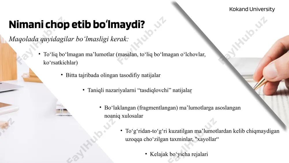 tartibida ro'yxatga olinadi. g'arb an'anasi: oxirgi muallif joyi "shef" uchun sharafli joy (ya'ni, tajribalar, hisob-kitoblar va hokazolarda bevosita ishtirok etmasdan umumiy rahbarlikni amalga oshirgan shaxs) o‘quvchilarni sizning ishingiz foydali ekanligiga va buning sababini aniq bilishingizga ishontiring 1 5 6 quyidagi savollarga aniq javob bering: 7 2 3 4 8 kirish qisqa bayon qiling muammolar qanday, maqsadlaringiz qanday, farazingiz nima, ishingizning ahamiyati nimada oldin nima qilingan (adabiyot sharhini bering, bir nechta asl va muhim asarlarni, shu jumladan so‘nggi sharh maqolalarini ko'rsating. siz nima qildingiz? qanday natijalarga erishdingiz? jurnal mavzusidan chetga chiqmaslikka harakat qiling metodologik qism materiallar, qurilmalar va o‘rnatish sxemasi dasturiy ta’minot tavsifi (agar foydalanilgan bo‘lsa) nazariya va metodlar metodlar muammoni qanday o‘rganganingizni izohlab bering! batafsil ma'lumot bering ilgari e’lon qilingan protseduralarni tasvirlamang foydalanilgan uskunani ko‘rsatib o‘ting va ishlatilgan materiallarni tavsiflang 01 02 03 natijalar: nimani topdingiz? 01 ma’lumotlarni umumlashtirish uchun aniq raqamlar va jadvallardan foydalaning jadvallar, rasmlar va matnlar bir-birini …