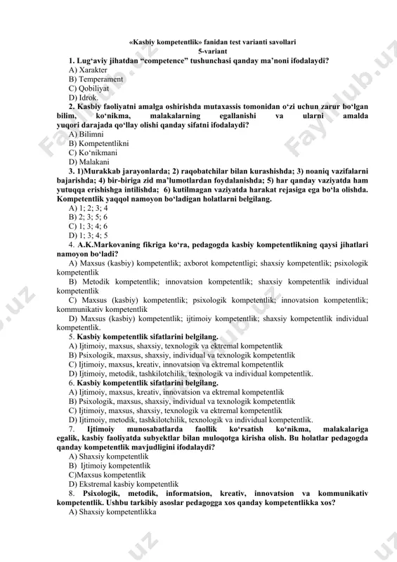 entlik sifatlarini belgilang. a) ijtimoiy, maxsus, shaxsiy, texnologik va ektremal kompetentlik b) psixologik, maxsus, shaxsiy, individual va texnologik kompetentlik c) ijtimoiy, maxsus, kreativ, innovatsion va ektremal kompetentlik d) ijtimoiy, metodik, tashkilotchilik, texnologik va individual kompetentlik. 6. kasbiy kompetentlik sifatlarini belgilang. a) ijtimoiy, maxsus, kreativ, innovatsion va ektremal kompetentlik b) psixologik, maxsus, shaxsiy, individual va texnologik kompetentlik c) ijtimoiy, maxsus, shaxsiy, texnologik va ektremal kompetentlik d) ijtimoiy, metodik, tashkilotchilik, texnologik va individual kompetentlik. 7. ijtimoiy munosabatlarda faollik ko‘rsatish ko‘nikma, malakalariga egalik, kasbiy faoliyatda subyektlar bilan muloqotga kirisha olish. bu holatlar pedagogda qanday kompetentlik mavjudligini ifodalaydi? a) shaxsiy kompetentlik b) ijtimoiy kompetentlik c)maxsus kompetentlik d) ekstremal kasbiy kompetentlik 8. psixologik, metodik, informatsion, kreativ, innovatsion va kommunikativ kompetentlik. ushbu tarkibiy asoslar pedagogga xos qanday kompetentlikka xos? a) shaxsiy kompetentlikka b) maxsus kompetentlikka c) ijtimoiy kompetentlikka d) ekstremal kasbiy kompetentlikka. 9. izchil ravishda kasbiy o‘sishga erishish, malaka darajasini oshirib borish, kasbiy faoliyatda o‘z ichki …