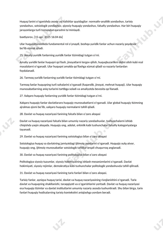 liyotda ishlatiladi. masalan, ‘fuqarolik huquqiy layoqat’, ‘huquqbuzarlik’ — huquqiy tushunchalardir. 18. huquqiy kategoriyalar deganda nimani tushuniladi? huquqiy kategoriyalar — bu huquq ilmidagi eng umumiy va asosiy tushunchalardir. masalan, huquq, davlat, erkinlik, majburiyat, adolat, qonun, huquqbuzarlik — bular kategoriyalardir. ular boshqa tushunchalarning negizidir. 19. davlat va huquq nazariyasining funksiyalari deganda nimani tushuniladi? funksiya — bu fan qanday vazifalarni bajarishini bildiradi. davlat va huquq nazariyasining funksiyalari quyidagilar: bilish (gnosologik), amaliy, metodologik, tarbiyaviy, mafkuraviy, bashoratchilik (prognoz), ontologik va evristik funksiyalar. 20. sizga ma'lum bo'lgan davlat va huquq nazariyasining funksiyalarini tavsiflang. bilish funksiyasi — fan bilim beradi; metodologik — boshqa fanlarga metod asos bo‘ladi; tarbiyaviy — huquqiy madaniyatni shakllantiradi; bashorat funksiyasi — huquqiy jarayonlarni oldindan belgilaydi; mafkuraviy — huquqiy dunyoqarashni shakllantiradi. 21. davlat va huquq nazariyasi fanining bo‘lajak huquqshunoslarni tayyorlashdagi ahamiyati. bu fan yuridik bilimlar asosini beradi. talabalarga huquq va davlat haqida umumiy nazariy bilimlarni beradi. shuningdek, fikrlash, tahlil qilish, huquqiy masalalarga yondashuvni shakllantiradi. …