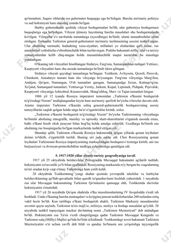 lisidan ham 250 ming kishi mardikorlikka olinishi kerak edi. ammo bu harakatga qarshi turkistonda yirik qo'zg'olonlar boiib o'tadi. 1916 yil 4 iyulda xo'jand xalqi qo'zg'olon ko'tardi, ayni paytda, samarqand, jizzax, va kattaqo'rg'on tumanlarida ham g'alayonlar boshlandi. farg'ona, sirdaryo, samarqand, yettisuv, zakaspiy viloyatlarida avj olgan g'alayonlar keskinlashib, yirik xalq qo'zg'oloniga aylandi. bu qo'zg'olonlar ham chor ma'murlari tomonidan ayovsiz bostirilgan. turkiston o'lkasidan 1916 yil sentyabridan 1917 yil fevraligacha 123 ming kishi mardikorlikka olingan. podsho hukumati ag'darilgandan so'ng 1917 yil bahorida mardikorlar orasida norozilik harakatlarining kuchayishi natijasida muvaqqat hukumat mardikorlarni o'z yurtlariga qaytarishga majbur bo'lgan. 3. o'rta osiyoning chor rossiyasi boshqaruvi davridagi tarixiy geografiyasi. o'rta osiyo rossiya imperiyasi tomonidan bosib olin-gandan keyin chor hukumati bu yerda mustamlakachilik siyosatini boshlab yubordi. 1867 yilda turkiston general-gubernatorligi tuzilib, o'lkani boshqarish harbiy vazirlikka bo'ysundirildi. turkiston general-gubernatorligi xxasr boshlariga kelib besh viloyatga bo'lindi: sirdaryo, farg'ona, samarqand, yettisuv, kaspiyorti viloyatlari. ularni rus armiyasi generallaridan shaxsan podshoning o'zi tayinlaydigan harbiy …