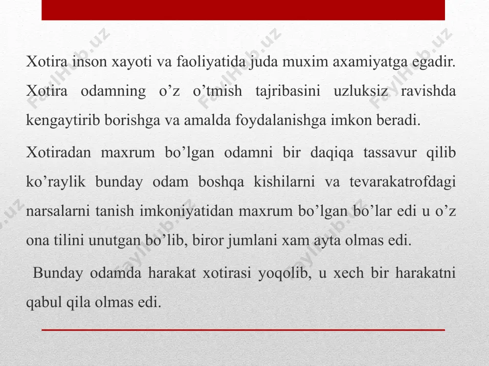 boshimizdan kechirgan va xotiramizda saqlab qolgan xissiyotlar va harakatga undovchi yoki o’tmishda salbiy kechinmalarga ega bo’lgan harakatlardan saqlab qoluvchi signal tarzida namoyon bo’ladi. o’zga kishiga hamdard bo’lish qobiliyati, kitob kaxromoni bilan birga qayg’urish emotsional xotiraga asoslanadi. agar siz boshdan kechirganlarni bir laxzada eslash bilan qizarish, oqarish qobiliyatiga ega bo’lsangiz agar siz qachonlardir boshdan kechirgan baxtsizlik xaqida o’ylashdan qo’rqsangiz, sizda tuygu xissiyot xotirasi yoki emotsional xotira bor deyish mumkin. obrazli xotira tasavvurlar, tabiat va xayot manzaralari, shuning bilan birga, tovushlar, xidlar, ta`mlar bilan bog’liq bo’lgan xotiradir. xotiraning bu turi –ko’rish, eshitish, tuyish, xid bilish va ta`m bilish xotiralaridan iboratdir. agar normal taraqqiy etgan barcha kishilarning xayotiy sharoitlarida kurish va eshitish xotirasi odatda, yaxshi rivojlangan bo’lib, etakchi rol o’ynasa, tuyish xid bilish va ta`m xotiralarini, xotiraning ma`lum ma`noda professional turlari deb atash mumkin. ixtiyorsiz xotiraning xayotimizda naqadar katta o’rin egallaganligini har kim xam o’z turmush tajribasidan biladi. ixtiyorsiz xotira asosida maxsus mnemik …