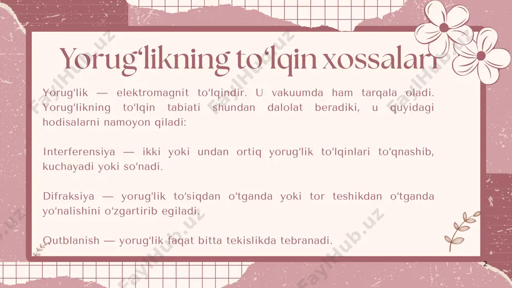 i silliq sirtga tushirib qaytarish; kristallar orqali o‘tkazish (masalan, kalkit). tolali optika — bu ingichka shisha yoki plastmassadan yasalgan tolalardan iborat bo‘lib, ular orqali yorug‘lik signallari uzatiladi. asosiy tamoyil: ichki to‘liq aks ettirish hodisasi tufayli yorug‘lik tola ichida harakatlanadi va chiqib ketmaydi. bu bilan yorug‘lik yoki ma’lumot uzun masofalarga yo‘naltiriladi. tolali optika va uning tibbiyotdagi ahamiyati 6 tibbiyotdagi qo‘llanilishi: 1. endoskopiya: tana ichidagi a’zolarni (oshqozon, ichak, bronxlar) ko‘rish; operatsiya qilmasdan tashxis qo‘yish imkoniyati. 2. minimal invaziv jarrohlik: asboblar tolali optika yordamida tanaga kichik kesikdan kiritiladi. 3. lazer terapiya: lazer energiyasini zarur joyga yo‘naltirish uchun ishlatiladi (masalan, saraton hujayralarini yo‘q qilishda). 7 e'tiboringiz uchun raxmat ! 8 image9.png image10.svg image11.png image12.svg image1.jpeg image2.png image3.svg image4.png image5.svg image6.png image7.svg image8.png image13.png image14.svg image15.png image16.svg image17.png image18.svg image19.png image20.svg /docprops/thumbnail.jpeg