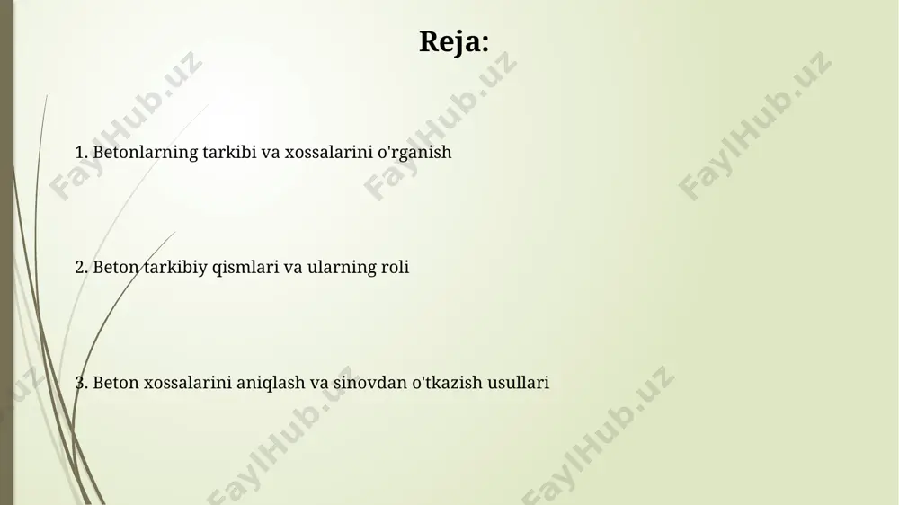 datda 20-25°c) va qo'shimchalarning mavjudligiga bog'liq. gidratatsiya jarayoni davomida tsement zarralari suv bilan reaksiyaga kirishib, kalsiy silikat gidrat (c-s-h) va kalsiy gidroksid (ch) kabi birikmalarni hosil qiladi, bu esa betonning mustahkamligini oshiradi. betonlarning tarkibi va xususiyatlarini o'rganish beton tarkibiga qo'shimchalar, masalan, uchuvchi kul va kremnezem tutuni ta'sirini o'rganish zarur. ular ishlov berishni yaxshilaydi va betonning chidamliligini 15% ga oshirishi mumkin. betonning xususiyatlarini, jumladan, siqilish kuchi, egilish kuchi va chidamlilikni sinov usullari orqali tahlil qilish kerak. masalan, siqilish kuchi 28 kundan so'ng mpa bilan o'lchanadi. betonning mexanik xususiyatlari: kuchlilik, elastiklik va chidamlilik axborot chidamlilik betonda 28 kunlik siqilish sinovida aniqlanadi. u betonning agressiv muhit ta'siriga qarshiligini aks ettiradi va yaroqlilik muddatini belgilovchi omil hisoblanadi. e'tiboringiz uchun rahmat @taqdimot_robot image1.jpg image2.jpg image3.jpg image4.jpg image5.jpg image6.jpg image7.jpg