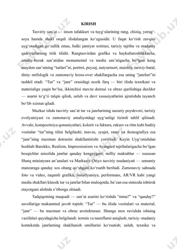 kontekstda janrlarning shakllanish omillarini ko‘rsatish; uslub, texnika va materiallarning janr tiliga ta’sirini ochish; yangi media sharoitida tur va janrlar chegarasining qayta belgilanishini tahlil qilish. metodologiya sifatida kompozitsion va ikonografik tahlil, qiyosiy-uslubiy yondashuv, shuningdek amaliy misollarni sharhlash qo‘llanadi. kutilayotgan natija — talaba va tadqiqotchiga san’at asarini sinchiklab ko‘rish, undagi ifoda vositasini (tur) va mavzu–obraz qatlamini (janr) bir paytning o‘zida tanib, ularni tarixiy va zamonaviy kontekstda to‘g‘ri baholash ko‘nikmasini berishdir. shunda tasviriy san’at nafaqat estetik hodisa, balki madaniy identitet va ijtimoiy xotirani ifodalovchi, zamon bilan birga yangilanib boradigan keng qamrovli til sifatida ochiladi. i bob. tasviriy san’atning nazariy asoslari va tasnifi 1.1. “tasviriy san’at” tushunchasi, “tur” va “janr” atamalarining farq. ifoda vositalari (chiziq, rang, yorug‘-soya, faktura), kompozitsiya qonuniyatlari va uslub (style)–yo‘nalish (movement) munosabati. tasviriy san’at — bu borliqni ko‘rish orqali idrok etish va badiiy obrazga aylantirish amaliyoti bo‘lib, insonning hissiy tajribasi, intellektual kuzatuvi va estetik qarashlarini yagona tasviriy tilga jamlaydi. u naturaning …