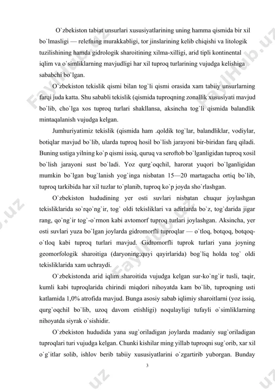 g`oqchil bo`lib, uzoq davom etishligi) noqulayligi tufayli o`simliklarning nihoyatda siyrak o`sishidir. o`zbekiston hududida yana sug`oriladigan joylarda madaniy sug`oriladigan tuproqlari turi vujudga kelgan. chunki kishilar ming yillab tuproqni sug`orib, xar xil o`g`itlar solib, ishlov berib tabiiy xususiyatlarini o`zgartirib yuborgan. bunday tuproq turlariga voha o`tloq, voha botqoq, voxa bo`z kabi tuproqlar kiradi. o`zbekistonning tekislikcho`l qismidagi tuproqlarning o`ziga xos tomonlari shundaki, chirindi miqdori kam bo`lishidan tashkari yuqori karbonatli, sho`rlashgan va ba`zi yyerlarida sho`rxoklar; mavjud. jumhuriyat cho`l qismi tuprog`ining 40% sur-qo`ng`ir tusli tuproqqa, 36% qumlarga, 5,4% takirli tuproqqa, 3,18% qumli cho`l tuproqqa, 3,8% sho`rxokka, 0,5% taqirlarga to`g`ri keladi. demak, o`zbekistonning cho`l qismida eng ko`p tarqalgan tuproq bu sur ko`ng`ir tuproq turidir. bu tuproq turi jumhuriyat yyer fondining 25—30% ni ishg`ol qilib, asosan bo`r, paleogen, neogen davrlarining qumtosh, gil, mergel, oxaktosh va qadimiy prolyuvial, ellyuvial yotqiziqlarda tashkil topgan. sur-qo`ng`ir tuproqlar ustyurt platosi, qizilqumdagi qoldiq tog` etaklari va balandliklari, qarshi, malik cho`llaridagi qoldiq tog` etaklarida joylashgan. …
