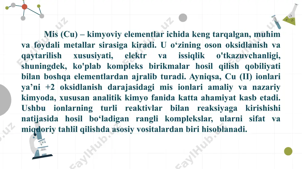 oydalaniladi. bu kompleks birikma to‘q ko‘k rangga ega bo‘lib, u spektral tahlil uchun qulay sharoit yaratadi. optik zichlikning aniqlanishi orqali cu (ii) ionining miqdori aniqlanadi. bu jarayon buger-lambert-ber qonuniga asoslanadi va u orqali to‘g‘ridan-to‘g‘ri konsentratsiya aniqlanishi mumkin. spektrofotometriya - bu yorug‘likning modda tomonidan yutilishiga asoslangan analitik usuldir. u buger-lambert-ber qonuniga tayanadi. bu qonun quyidagicha ifodalanadi: a = ε c l bu yerda: a — optik zichlik (yutilish), ε — molyar yutilish koeffitsienti (l·mol⁻¹·cm⁻¹), c — modda konsentratsiyasi (mol/l), l — kuvetta uzunligi (odatda 1 sm). kompleks eritmasining optik zichligi spektrofotometr orqali aniqlanadi. cu (ii)-ammiak kompleksi uchun maksimal yutilish 610–620 nm oralig‘ida sodir bo‘ladi. shuning uchun to‘lqin uzunligi tanlanayotganda bu interval asos qilib olinadi. ushbu kurs ishida cu (ii) ionining ammiak bilan hosil qilgan kompleks birikmasining optik zichligini aniqlashning nazariy va amaliy asoslari, tadqiqot usullari, yutilish spektrlari, to‘lqin uzunligini tanlash mezonlari, eritma muhiti (ph) ta’siri, vaqt omili, va ishlatiladigan apparatlar haqida …