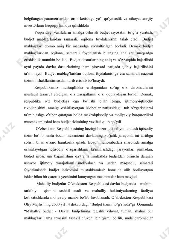 ga solishi bilan o’zaro hamkorlik qiladi. bozor munosabatlari sharoitida amalga oshirilayotgan iqtisodiy o’zgarishlarni ta’minlashdagi jarayonlar, jumladan, budjet ijrosi, uni bajarilishini qa’tiy ta’minlashda budjetdan birinchi darajali ustuvor ijtimoiy xarajatlarni moliyalash va undan maqsadli, samarali foydalanishda budjet intizomini mustahkamlash borasida olib borilayotgan ishlar bilan bir qatorda yechimini kutayotgan muammolar ham mavjud. mahalliy budjetlar o’zbekiston respublikasi davlat budjetida muhim tarkibiy qismini tashkil etadi va mahalliy hokimiyatlarning faoliyat ko’rsatishlarida moliyaviy manba bo’lib hisoblanadi. o’zbekiston respublikasi oliy majlisining 2000 yil 14 dekabrdagi “budjet tizimi to’g’risida”gi qonunida “mahalliy budjet - davlat budjetining tegishli viloyat, tuman, shahar pul mablag’lari jamg’armasini tashkil etuvchi bir qismi bo’lib, unda daromadlar manbalari va ulardan tushumlar miqdori, shuningdek, moliya yili mobaynida aniq maqsadlar uchun ajratiladigan mablag’lar sarfi yo’nalishlari va miqdori ko’zda tutilishi ko’rsatilgan. mahalliy budjetlar tizimi mahalliy talab-ehtiyojlarni to’laroq undirishni hamda davlatning markazlashgan tartibda amalga oshiradigan tadbirlarning bajarilishi bilan chambarchas bog’langan holda ijro etishga imkon yaratib beradi. mahalliy budjetlar daromadlari asosan mahalliy …