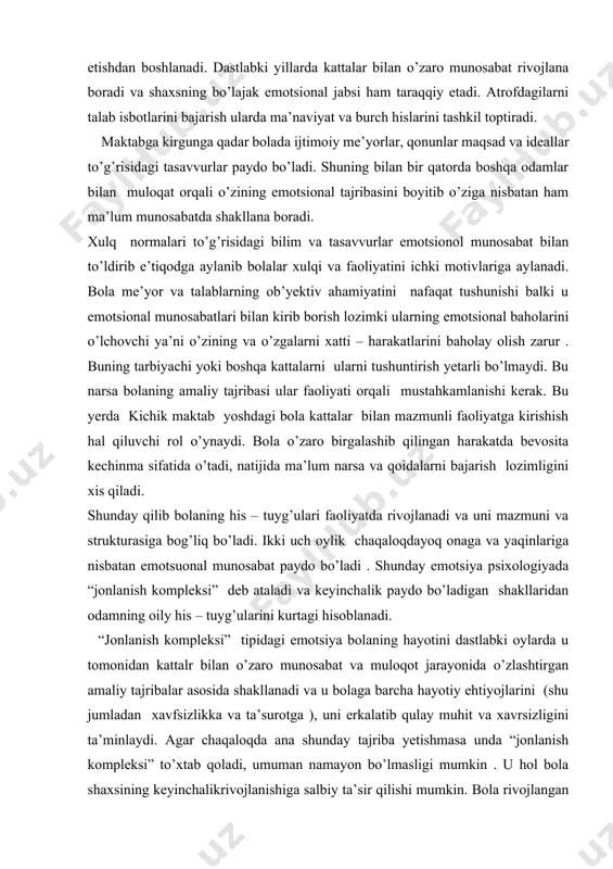 ekti sifatida ko’pincha bolalarni bilim darajasining ko’nikma va qobiliyatlarini rivojlantirish muommosiga bag’ishlanadilar. lekin odam xulqi va motivlarini idora qiluvchi shaxsning emotsional jarayoni va uning rivojlanish muammosi negadir psixologlarimiz nazaridan chetda qolmoqda. shu jihatdan olib qaralganda, kurs ishiish mavzuimiz “kichik maktab yoshidagi bolalarda deviantlikni oldini olish yo’llari” deb nomlandi. kurs ishining maqsadi:kichik maktab yoshidagi bolalarda deviantlikni oldini olish ning nazariy-amaliy jihatlarini aniqlash. kurs ishining vazifalari: -kichik maktab yoshdagi bolalarnda deviant xulsni oldini olishning ahamiyatini yoritish; - kichik yosh davrining muhim bo’g’ini ekanligini asoslash; -bolaning uzluksiz ta’limda ijobiy xulq-atvor me’yorlarini o’rgatish ishlarini tashkil etish yo’llarini aniqlash; kurs ishining ob’ekti:kichik maktab yoshi bolalarni shakllantirish jarayoni. kurs ishining predmeti: bolalarda deviant xulsni oldini olish jarayonini shakllantirishning pedagogik shart-sharoitlarini o’rganish va tadbiq etish. kurs ishining metodolik asoslari: o‘zbekiston respublikasining «ta’lim to‘g‘risida»gi qonuni va «kadrlar tayyorlash milliy dasturi, “o’zbekiston respublikasini yanada rivojlantirish bo’yicha harakatlar strategiyasi to’g’risida”gi farmoni, “yoshlarga oid davlat dasturi” pedagogik ta’limotlar, mavzuga tegishli ilmiy-pedagogik …