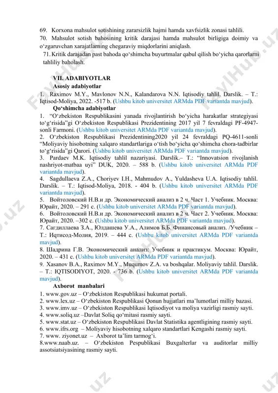 ishlab chiqarish xodimlari mehnat unumdorligiga ta’sir etuvchi omillar va ularni tahlili. 57. ishchilarning mehnat unumdorligiga ta’sir etuvchi omillarni tahlili. 58. raqobatdosh iqtisodiyot sharoitida mehnat unumdorligini oshirishning mahsulot tannarxini pasaytirishdagi ahamiyati. 59. mahsulot hajmiga mehnat omillarining ta’sirini tahlili. 60. xo‘jalik yurituvchi sub’ektlarning ishlab chiqarish xarajatlarini tahlil etishning ahamiyati, vazifasi va axborot manbalari. 61. ishlab chiqarish xarajatlarining tarkibi va dinamikasini tahlili. 62. ishlab chiqarish xarajatlari samaradorligining tahlili. 63. mehnat haqi xarajatlarini tahlili. 64. mehnat haqi fondiga ta’sir etuvchi omillar tahlili. 65. xo‘jalik yurituvchi sub’ektlar faoliyatidagi davr xarajatlarini tahlil qilishning nazariy-uslubiy asoslari. 66. davr xarajatlarini pasaytirish imkoniyatlarini aniqlash. 67. mahsulot sotishdan foydaning marjinal tahlili metodikasi. 68. rentabellik ko‘rsatkichlari marjinal tahlili metodikasi. 69. korxona mahsulot sotishining zararsizlik hajmi hamda xavfsizlik zonasi tahlili. 70. mahsulot sotish bahosining kritik darajasi hamda mahsulot birligiga doimiy va o‘zgaruvchan xarajatlarning chegaraviy miqdorlarini aniqlash. 71. kritik darajadan past bahoda qo‘shimcha buyurtmalar qabul qilish bo‘yicha qarorlarni tahliliy baholash. vii. adabiyotlar asosiy …